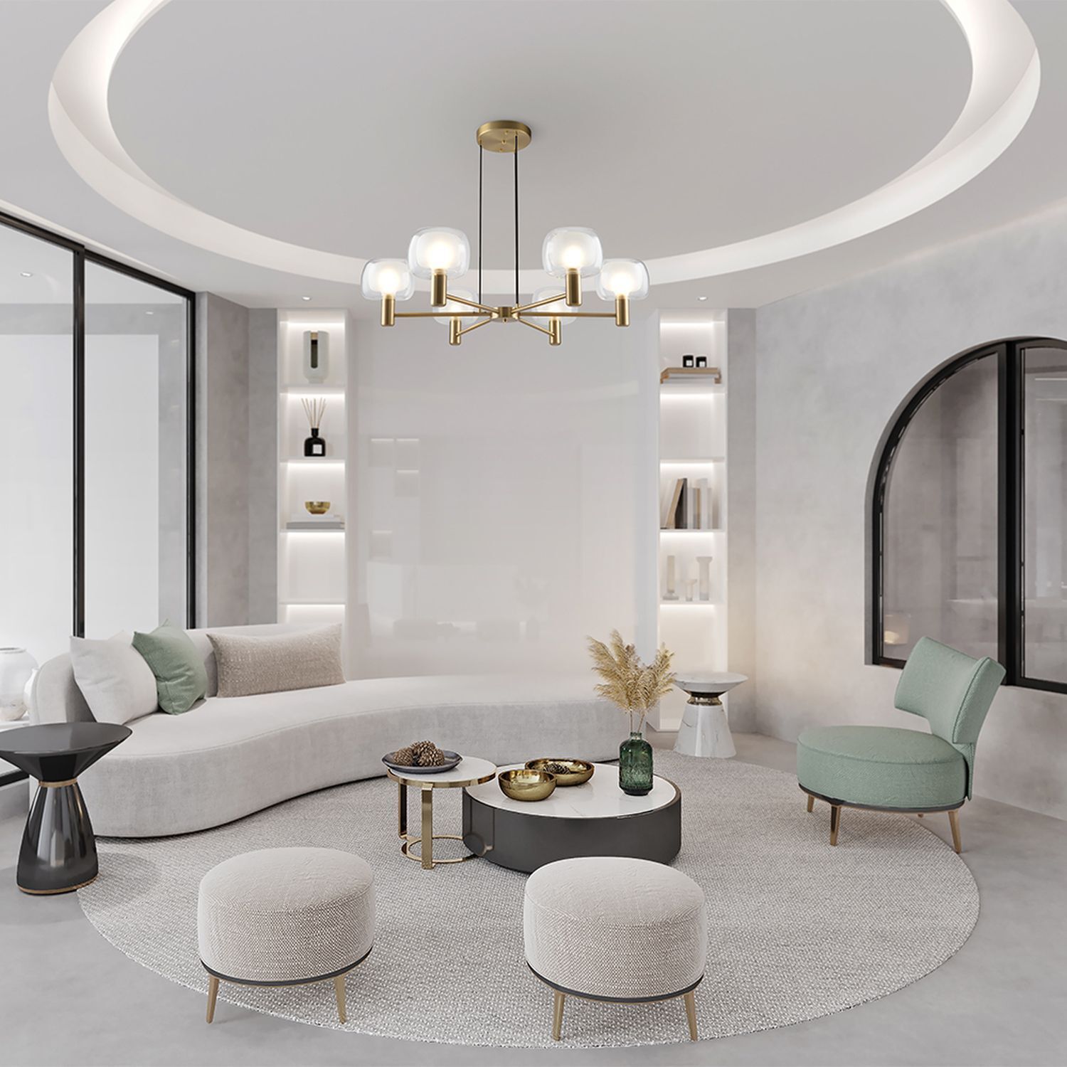 Kronleuchter Aluminium Glas H: max. 154 cm in Gold E14 sofa, wohnzimmer, loungesessel, couchtisch, pendelleuchte