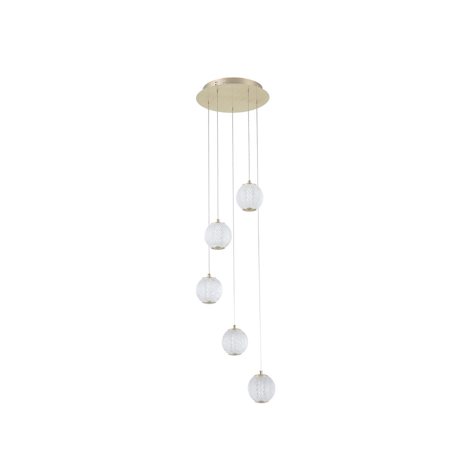 LED Pendelleuchte Metall 21 W Ø30 cm 5-flmg in Messing Hänger, Pendelleuchte, hängende Lampe, Glasball, goldenes Deckenmontage