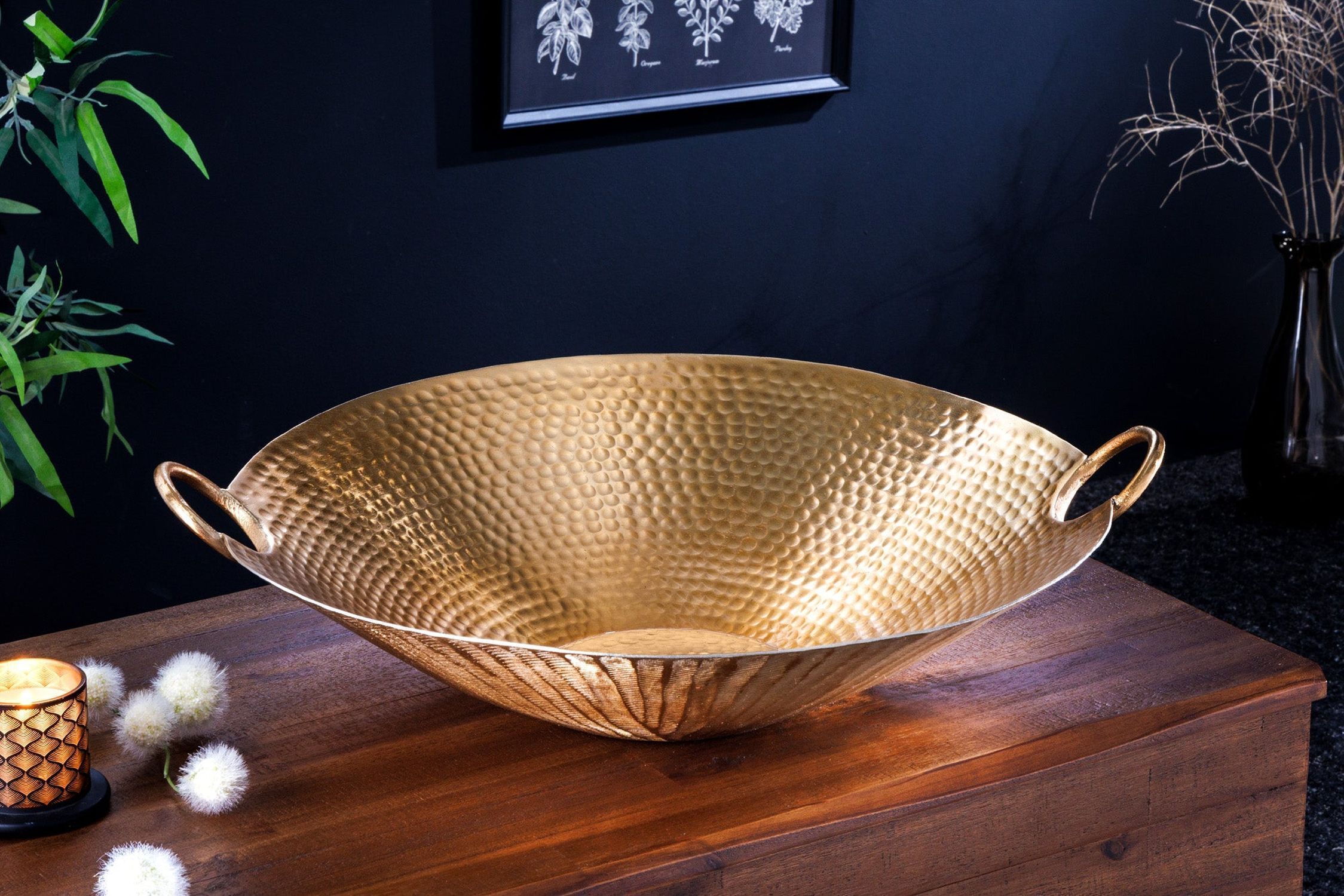 Deko Schale rund Ø 50 cm Hammerschlag in Gold Handarbeit
