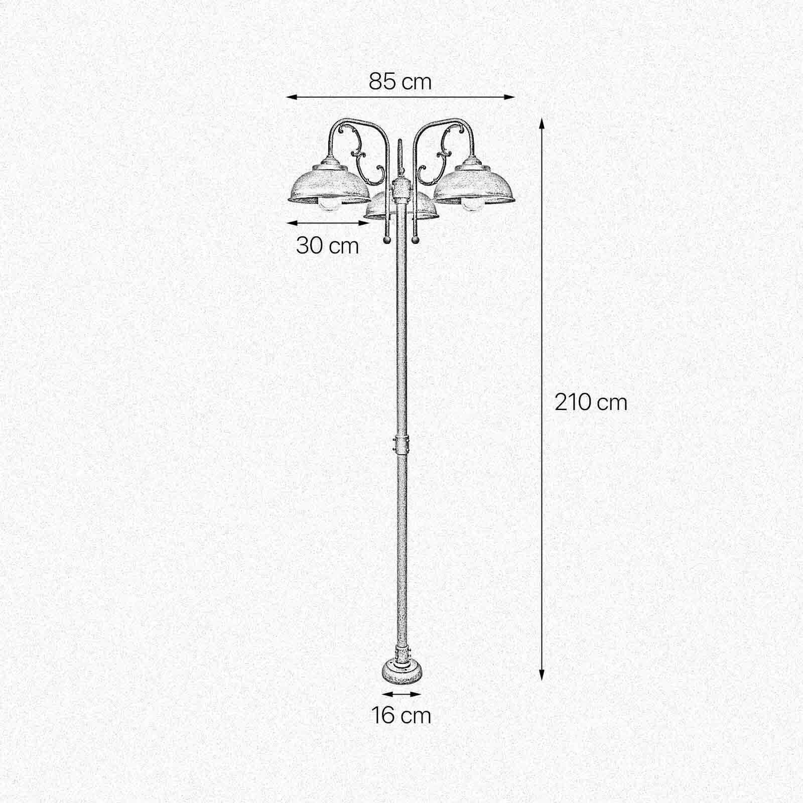 Stehlampe außen IP44 210 cm 3-flammig E27 Messing massiv
