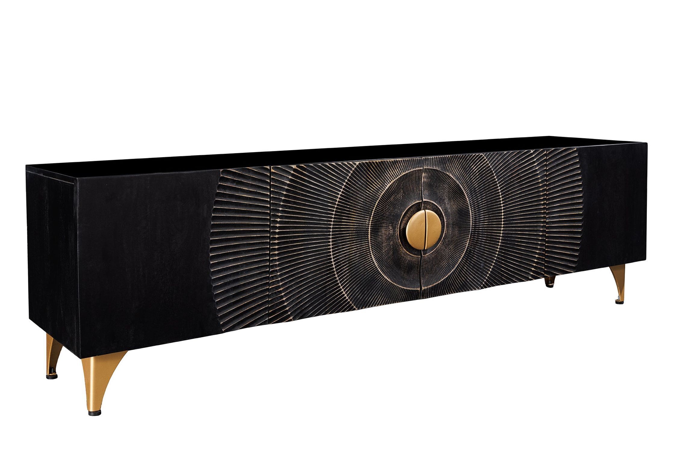 TV Board 180 cm breit Schwarz Gold Handarbeit Holz Metall