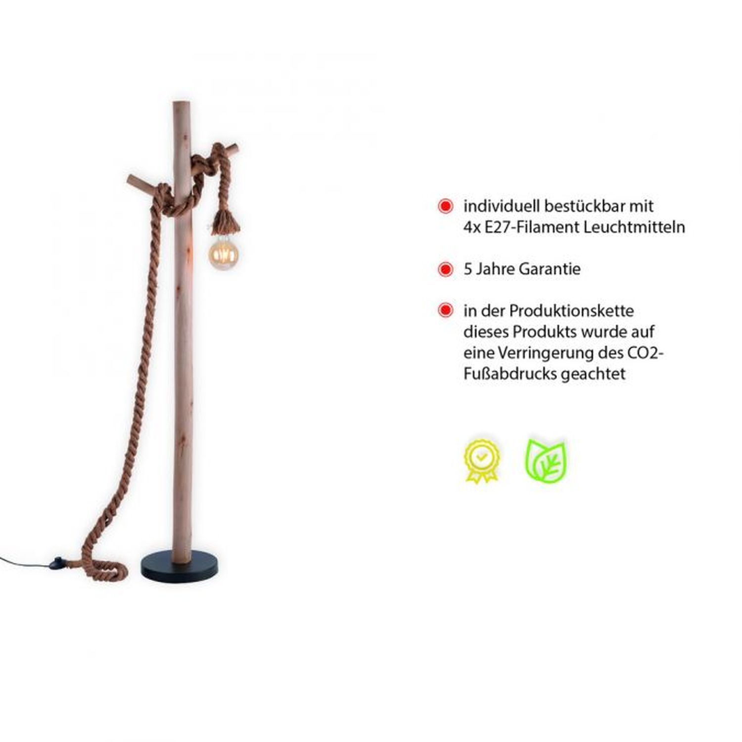 Vintage Stehleuchte E27 bis 15 W 150 cm Holz Tau Seil Drinnen