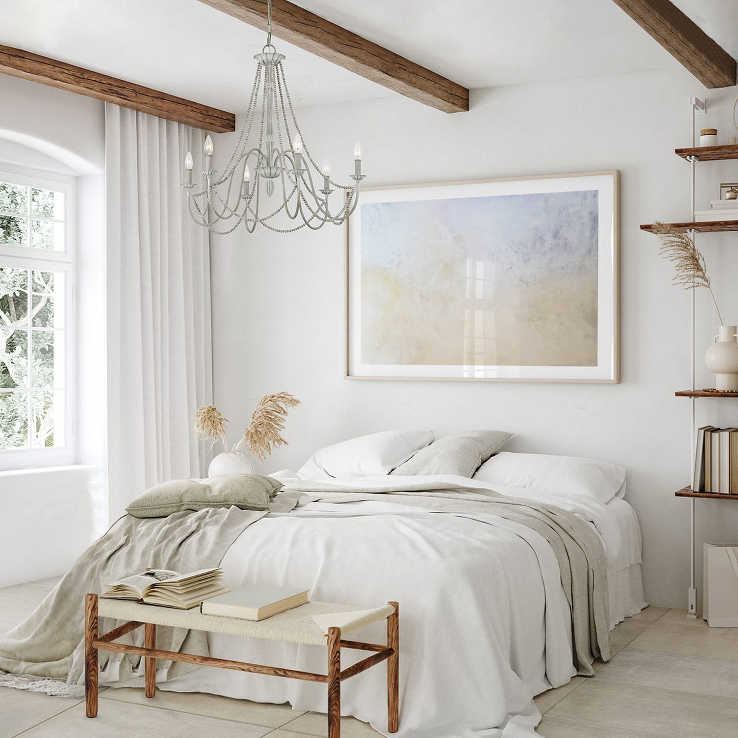 Kronleuchter Metall Holzperlen 71,1 cm breit Shabby Grau antik Bett, Bettwäsche, Wohnzimmerdeko, Kissen, Lampenschmuck