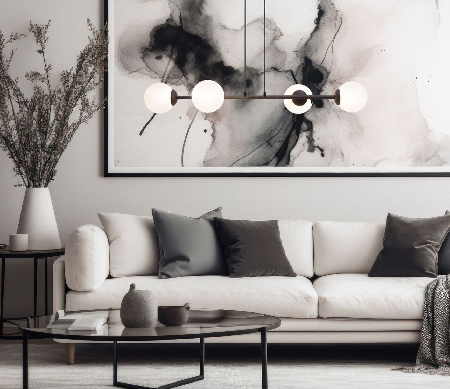 Große Hängelampe blendarm Glas Metall 85 cm E27 Schwarz Wohnzimmer, Couch, Innenarchitektur, Kaffeetisch, Tabelle