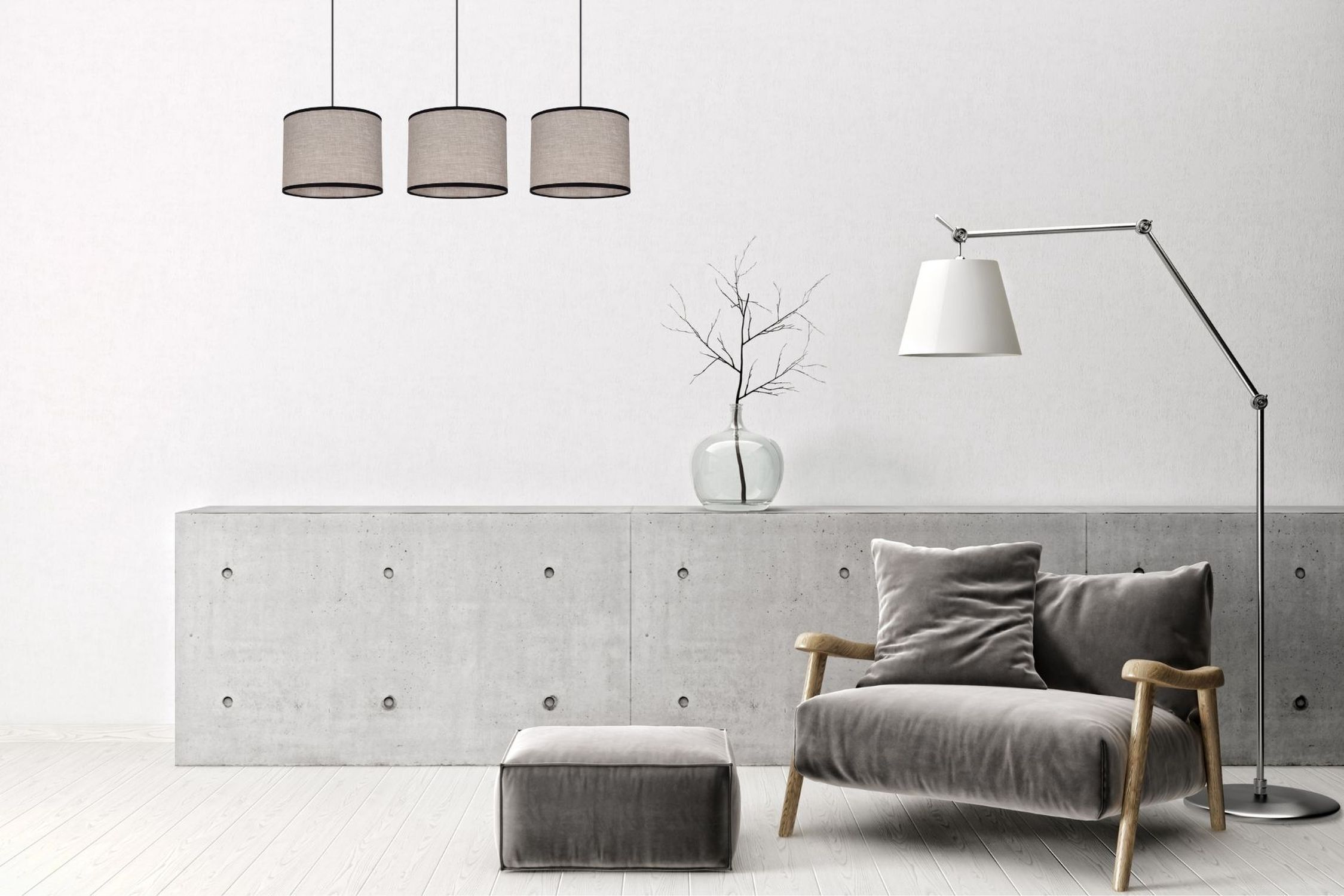 Pendelleuchte Stoff Schwarz Beige E27 70 cm lang 3-flmg sofa, armchair, floor lamp, concrete console, decor vase