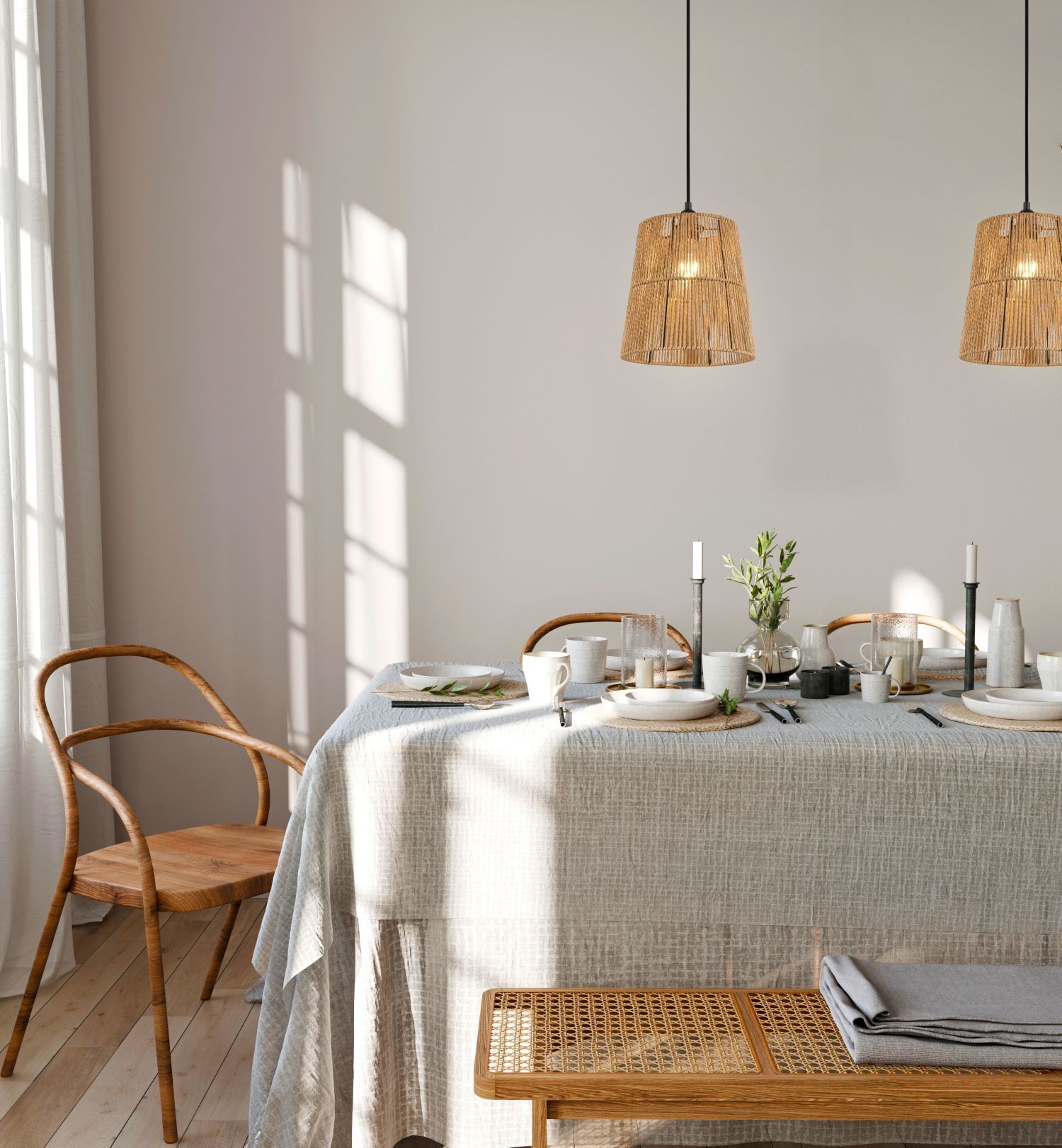 Runde Hängeleuchte Papier Braun E27 Ø24 cm wohnlich Speisesaal, Esstisch, Tisch, Innenarchitektur, Tischdecke