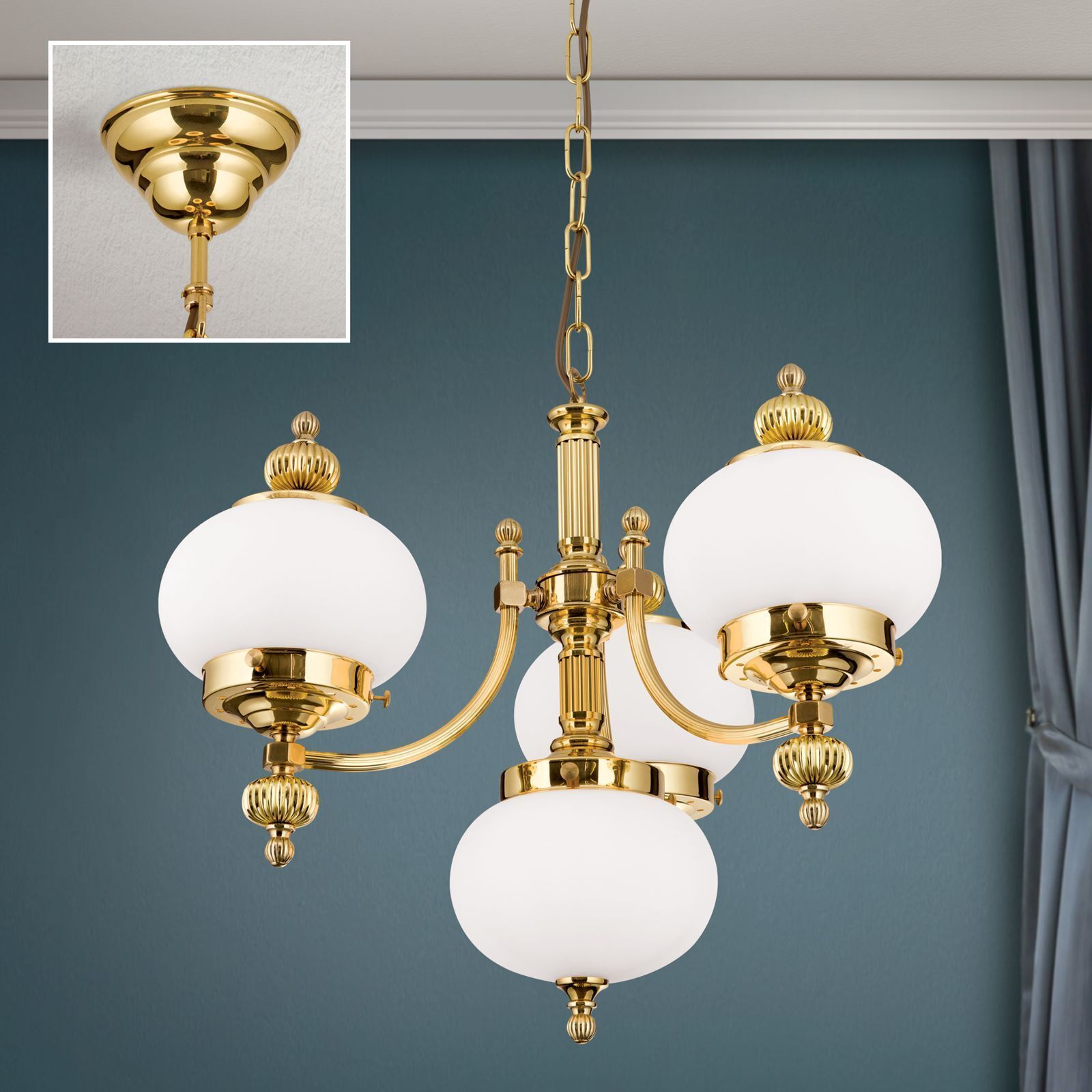 Kronleuchter Echt-Messing Glas E27 55 cm breit VIKTOR Kronleuchter, Gold, Glaskugeln, Hängelampe, Armatur