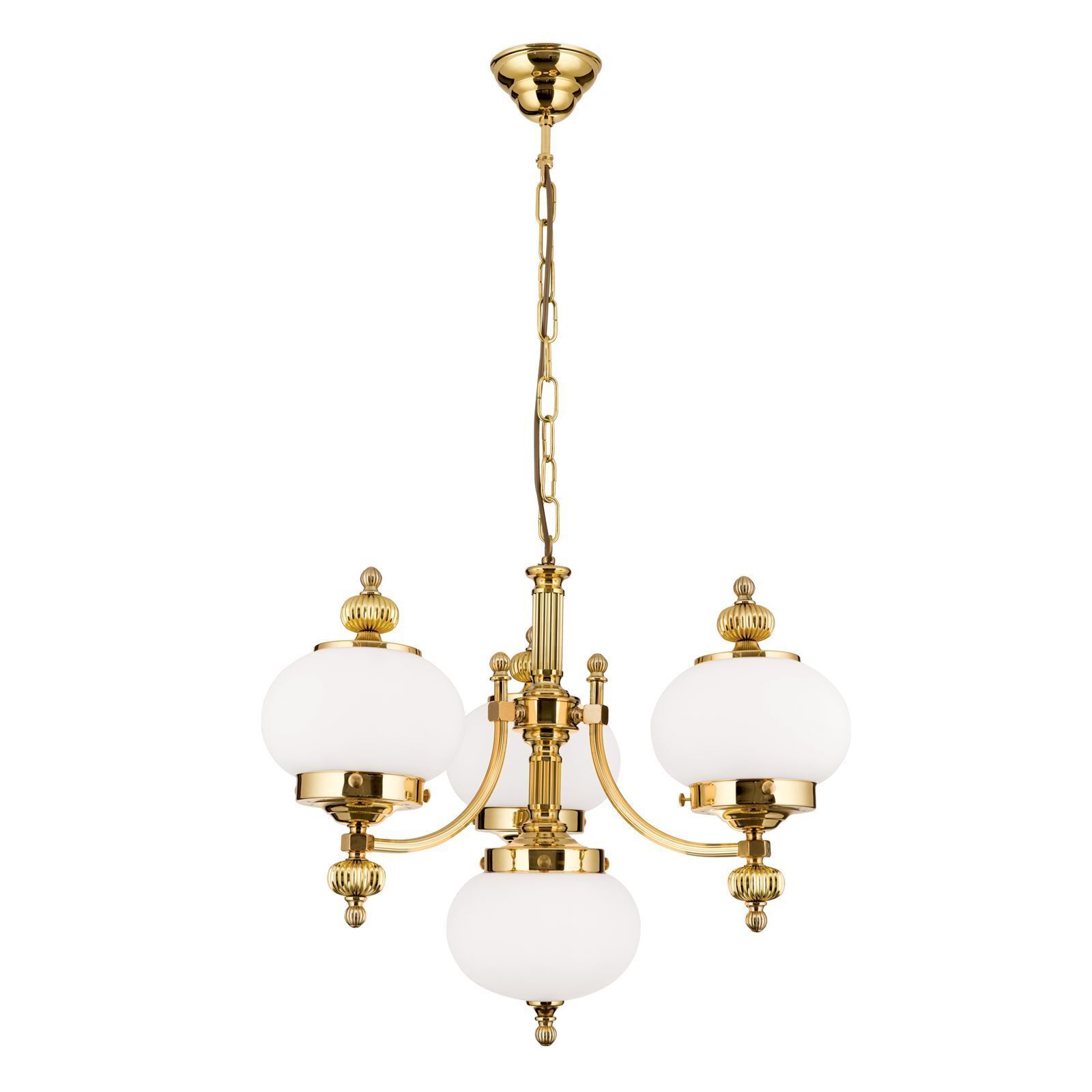 Kronleuchter Echt-Messing Glas E27 55 cm breit VIKTOR Kronleuchter, Goldfarben, Globus-Glas, Deckenhängung, Dreiblatt-Kronleuchter