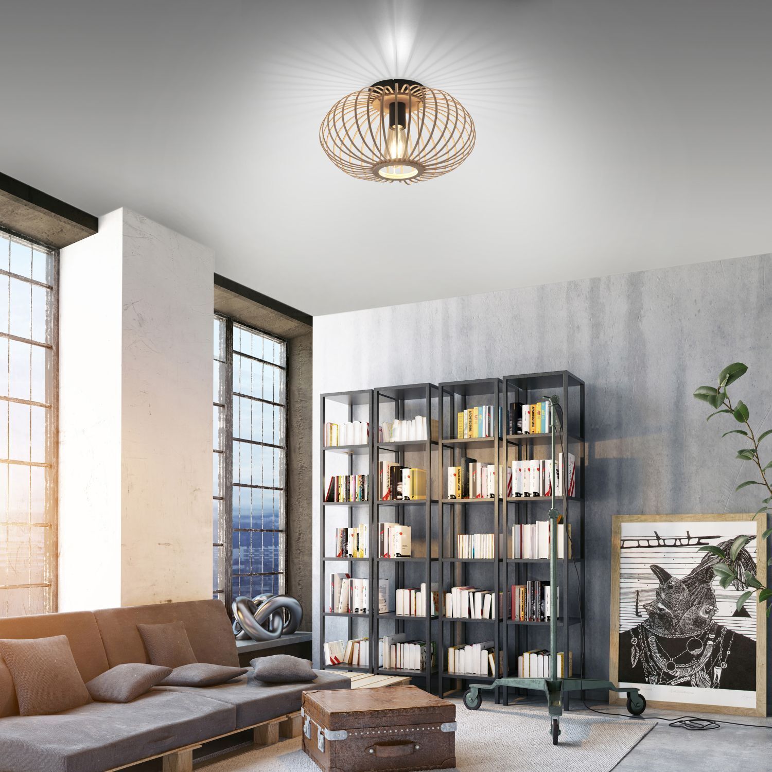 Moebel, Bücherschrank, Kronleuchter, Lampe