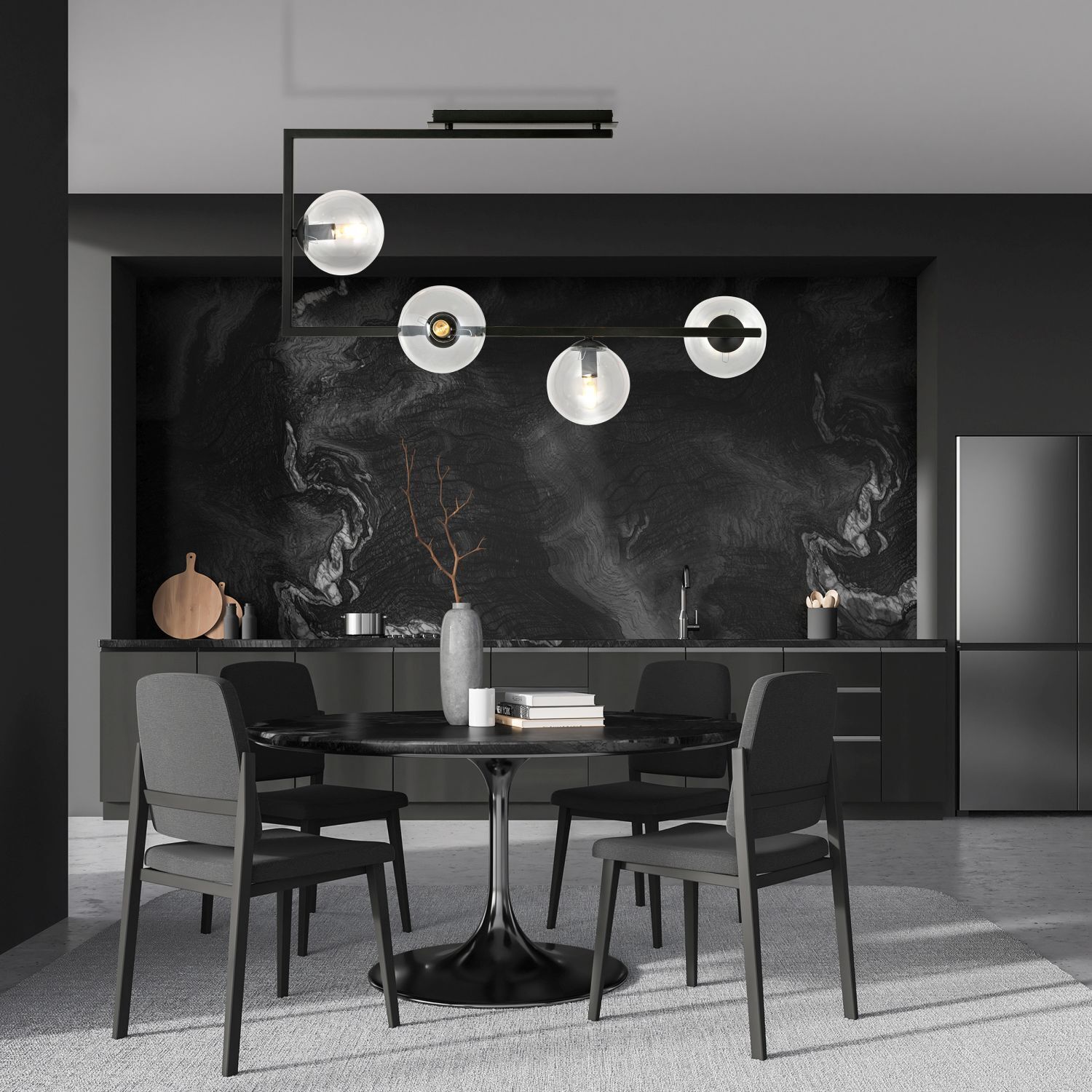 Deckenlampe Glas Metall 83 cm lang Schwarz E14 4-flammig