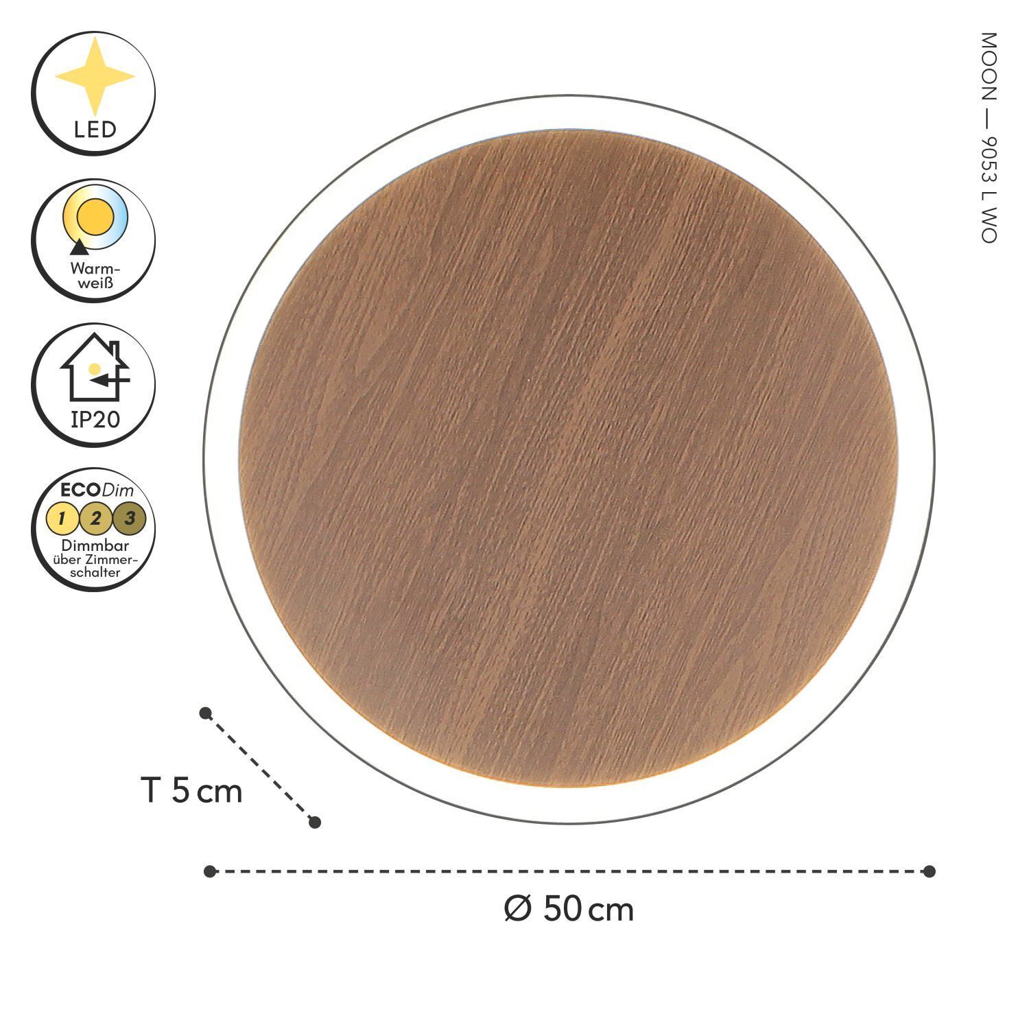 LED Wandleuchte Holz Schwarz rund Ø50 cm 3500 K dimmbar gebürstetes Metall, runde Deckenleuchte, Holzoptik, LED, dimmbar