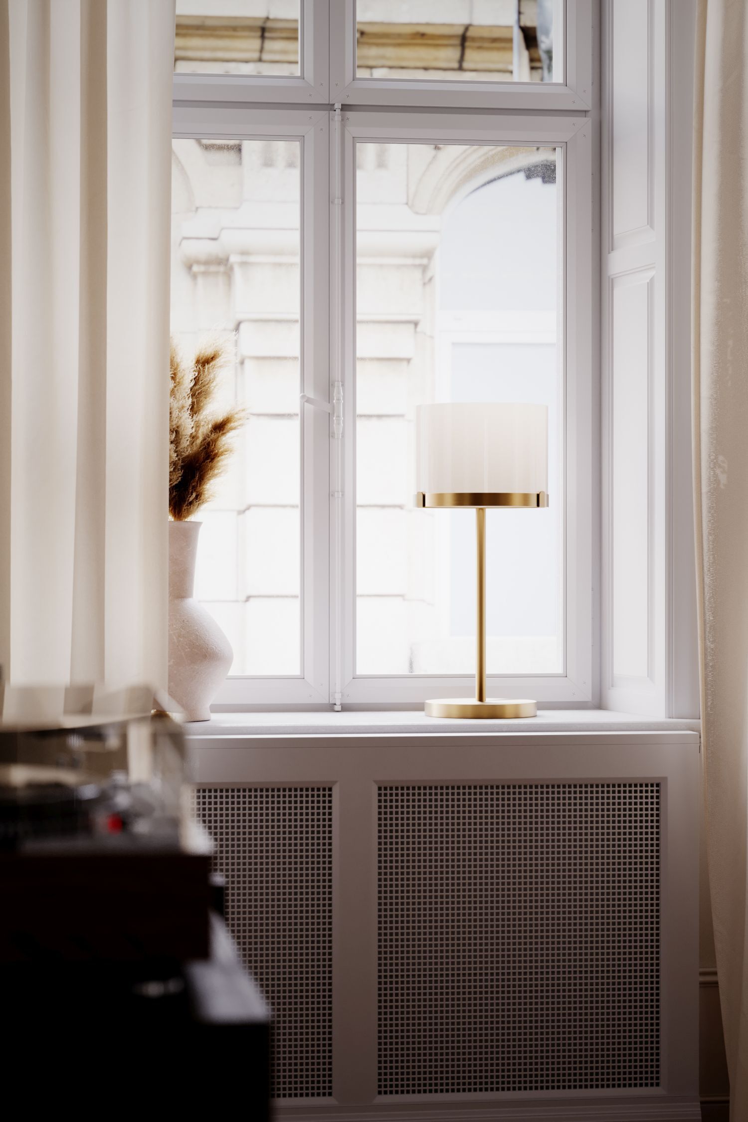 Tischlampe Glas Metall E27 55 cm in Messing Weiß rund Fenster, Fensterbank, Drinnen, Innenarchitektur, Lampe