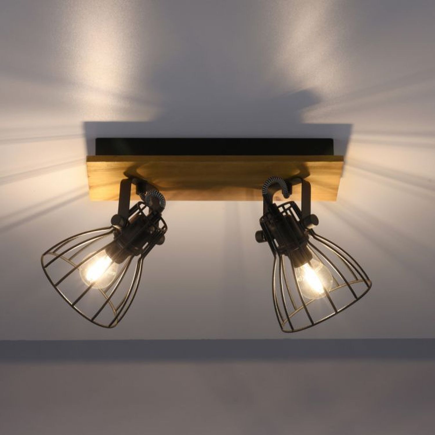 Deckenspot Holz Metall Draht 2-flammig E14 verstellbar Deckenleuchte, Beleuchtung, Leuchte