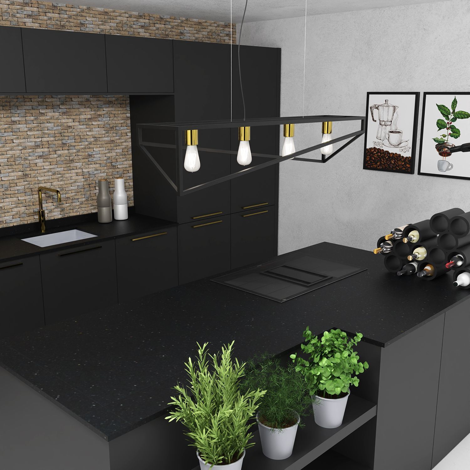 Lange Pendelleuchte Schwarz Gold E27 100 cm Industrial Innenarchitektur, Küche, Pflanze, Pflanze im Topf, Wasserhahn für Waschbecken