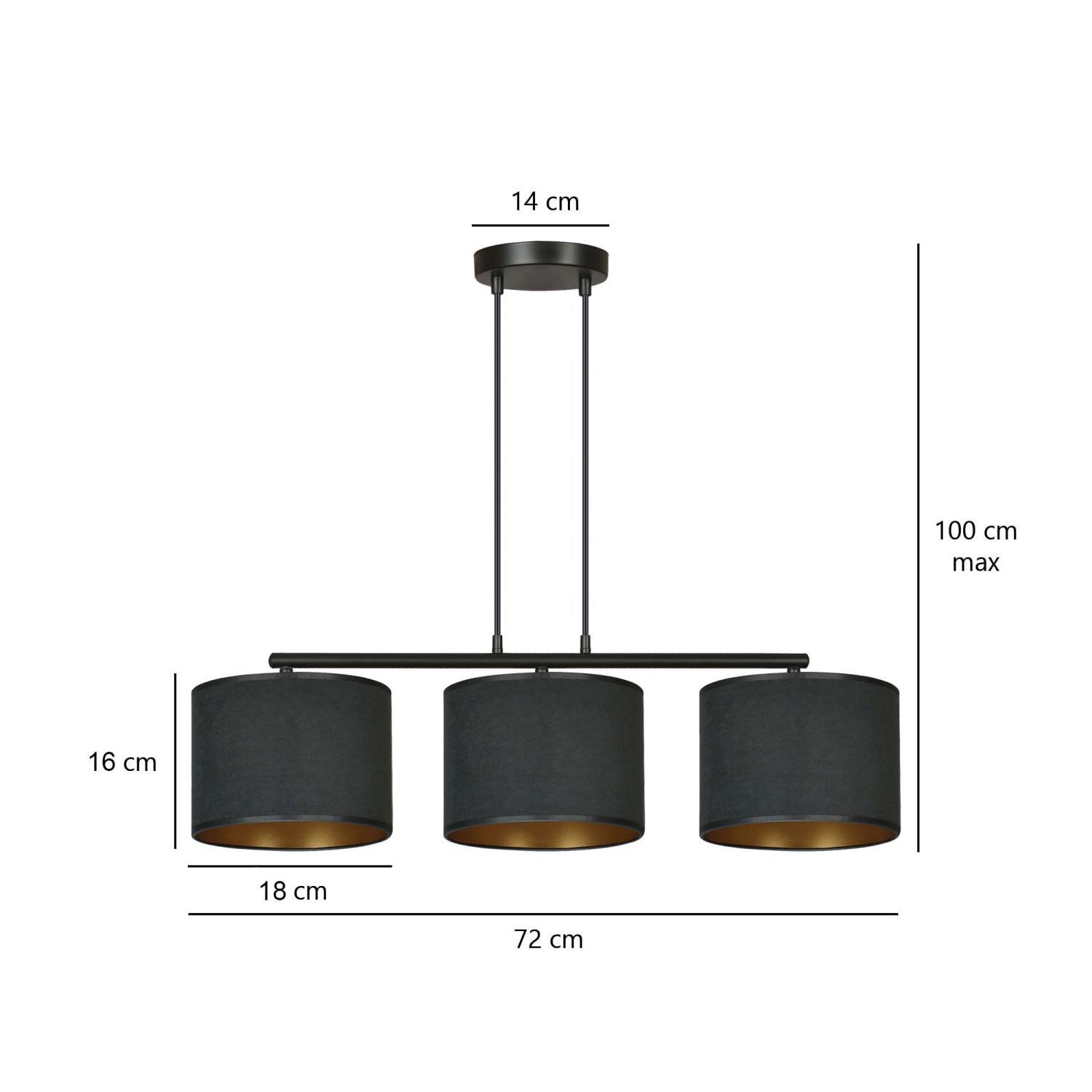 Pendelleuchte Stoff Metall L: 72cm Schwarz Gold 3-flammig E27