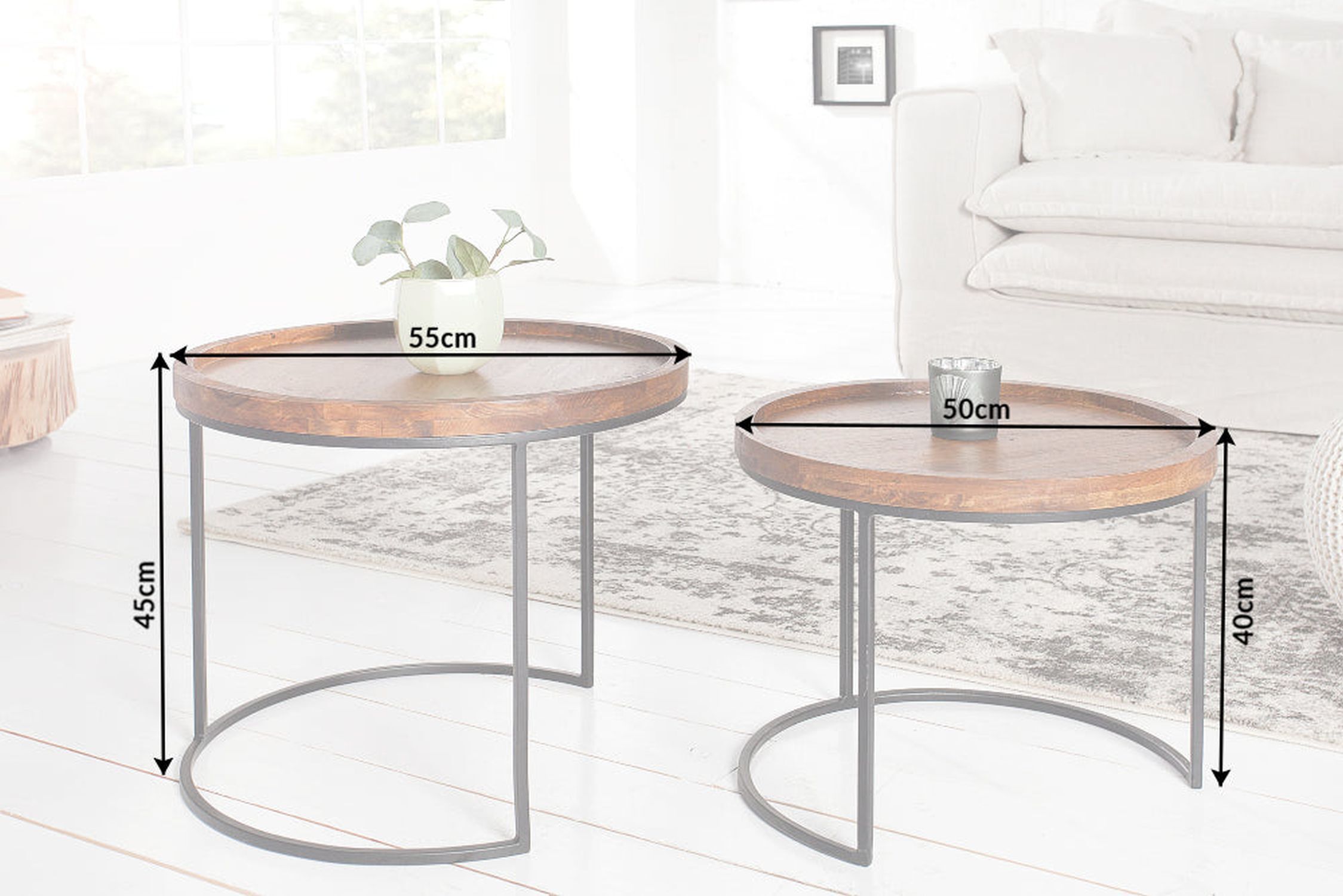 Beistelltisch 2er Set Akazienholz Metall rund Kaffeetisch, Mobiliar, Tabelle, Pflanze, Tischplatte