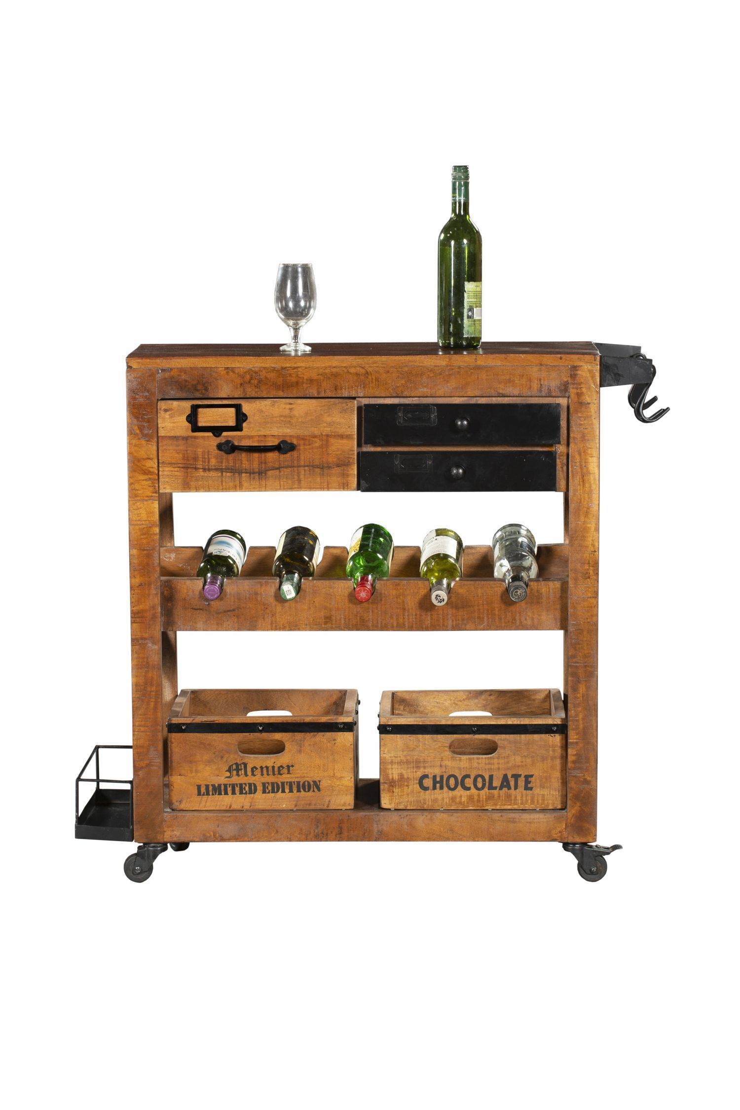 Barschrank mit Rollen Mangoholz Stahl B: 100 cm Industrial Flasche, Weinflasche, Kabinett, Kiste