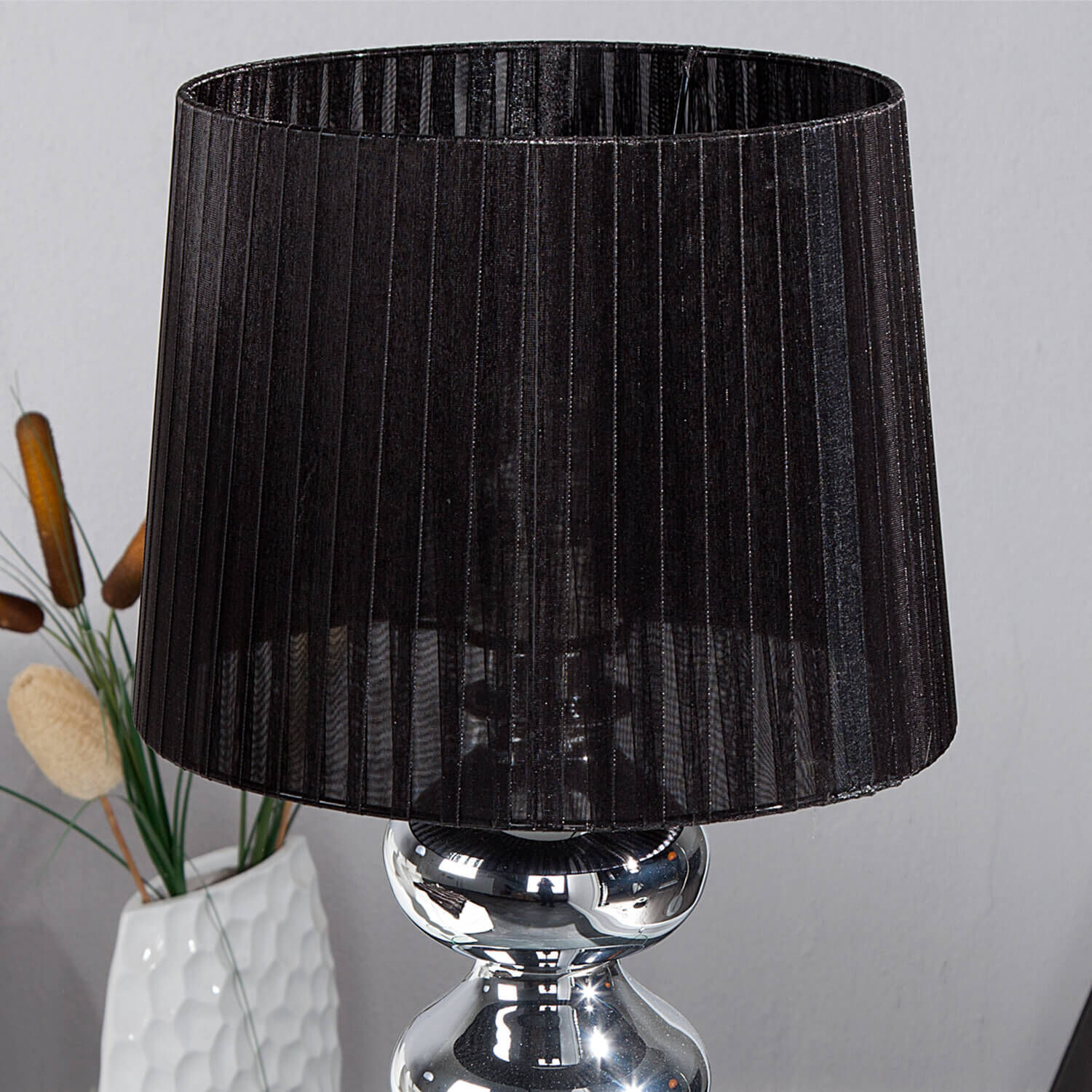 Tischleuchte 50cm Modern Design edel Schwarz Chrom Lampe, Lampenschirm, Pflanze