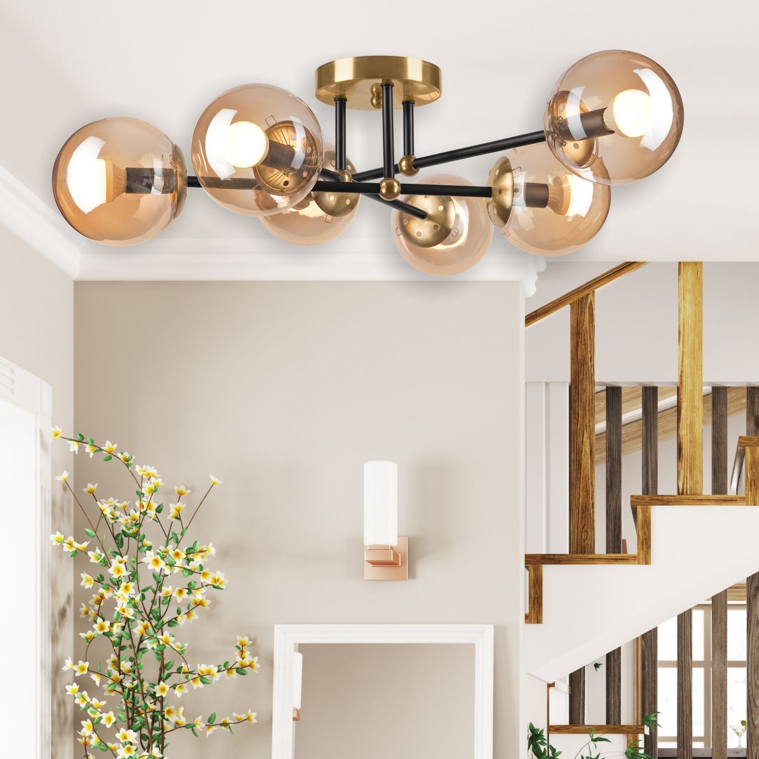 Blendarme Deckenlampe in Gold Glas Metall 6-flammig E14