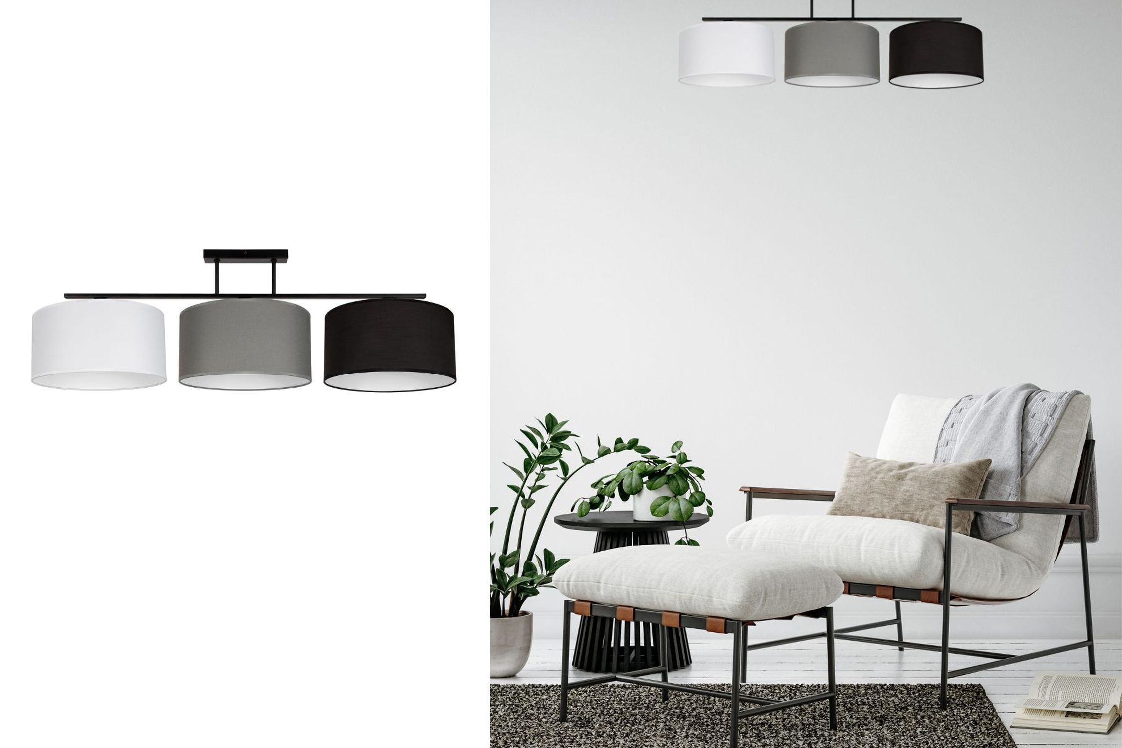 Gemütliche Deckenlampe Stoff Weiß Grau Schwarz 3-flmg Pflanze, Lampe