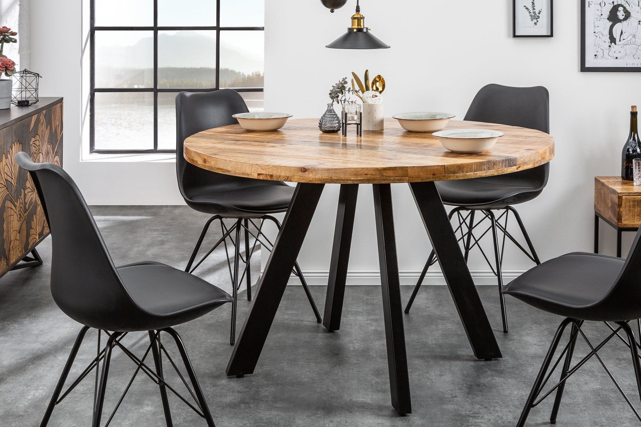 Esstisch rund Ø 120 cm Mango Holz Metall Industrial Design