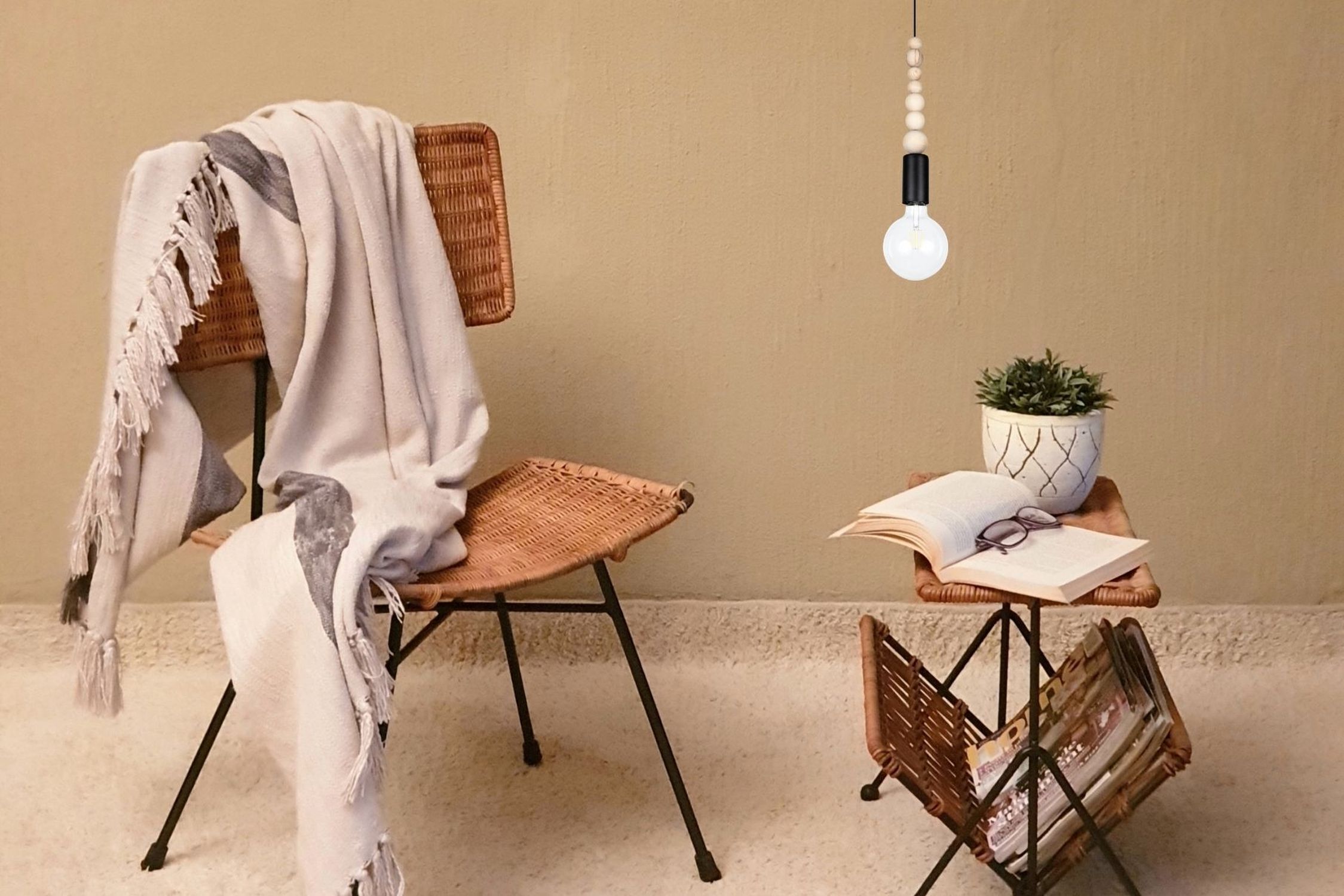 stuhl, gewebt, decke, plaid, lampe