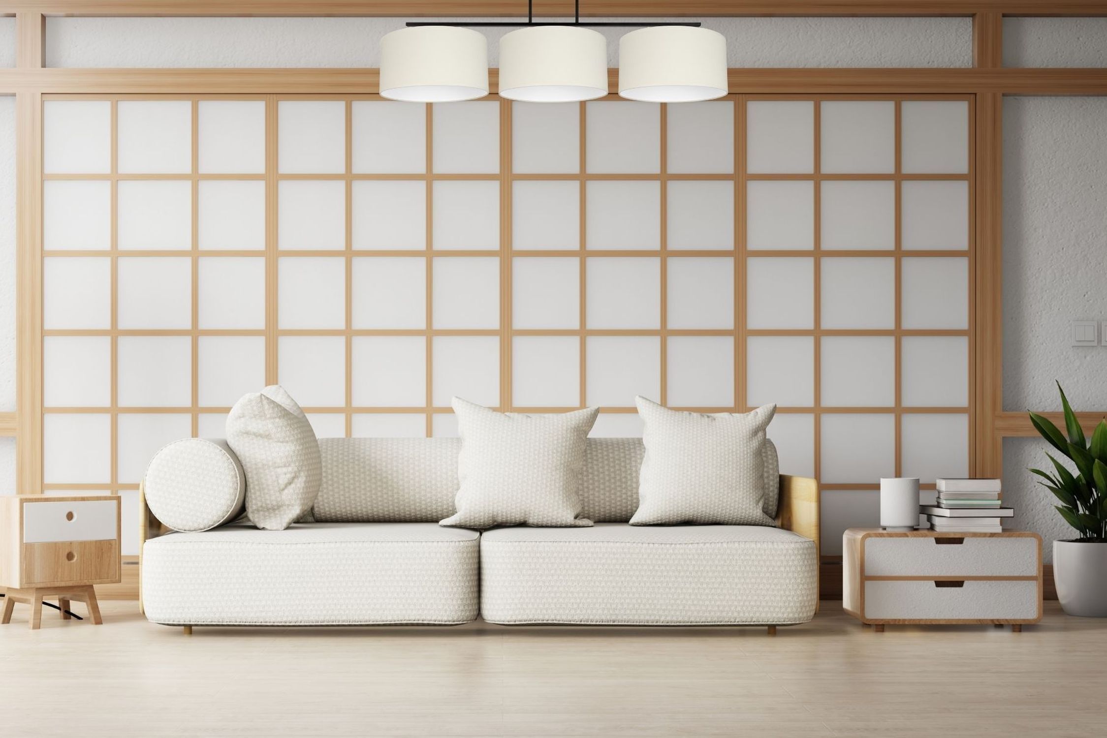 Lange Deckenleuchte Stoff Schwarz Ecru Weiß E27 100 cm Sofa, Sofa-Landschaft, Kissen, Beistelltisch, Raumteiler