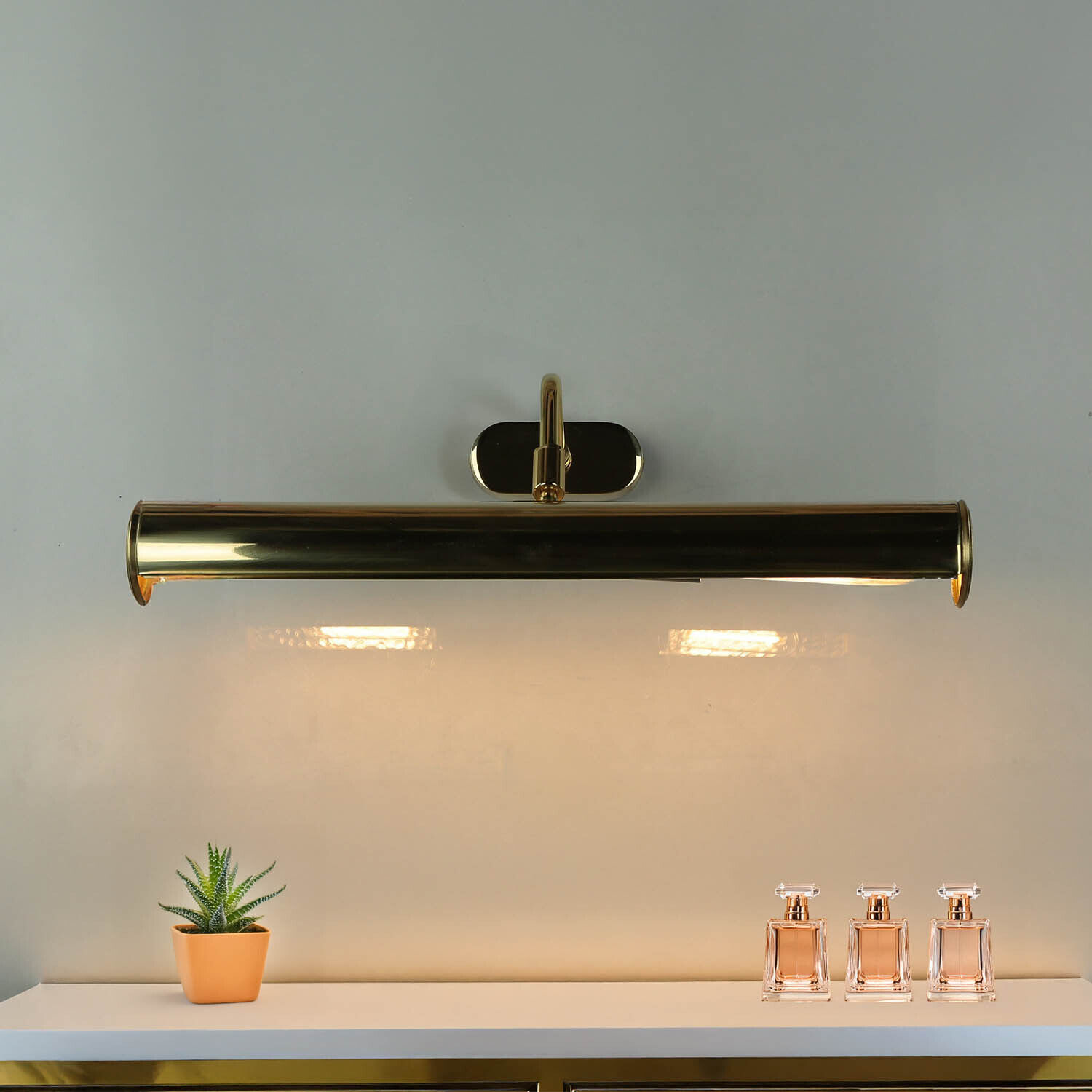 Bilderleuchte Messing B: 40 cm 2x E14 schwenkbar Ablage, Flasche, Kosmetik, Parfüm