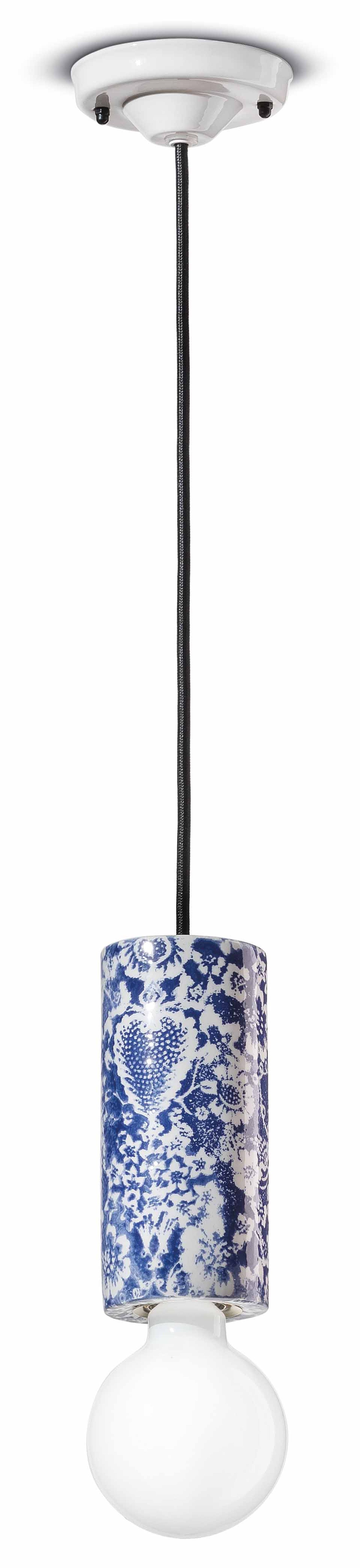 Hängelampe Keramik E27 D: 8 cm Blau Muster rund Retro