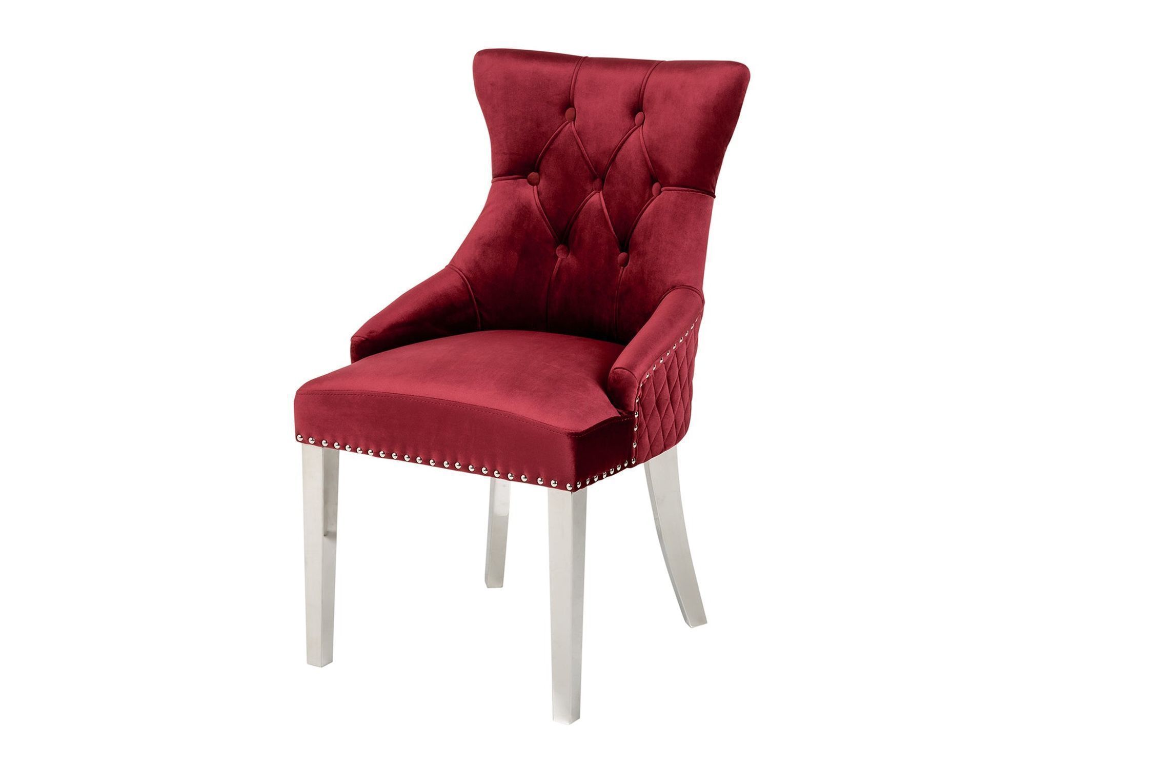 Esszimmerstuhl Rot Silber mit Griff Samt Edelstahl Chesterfield