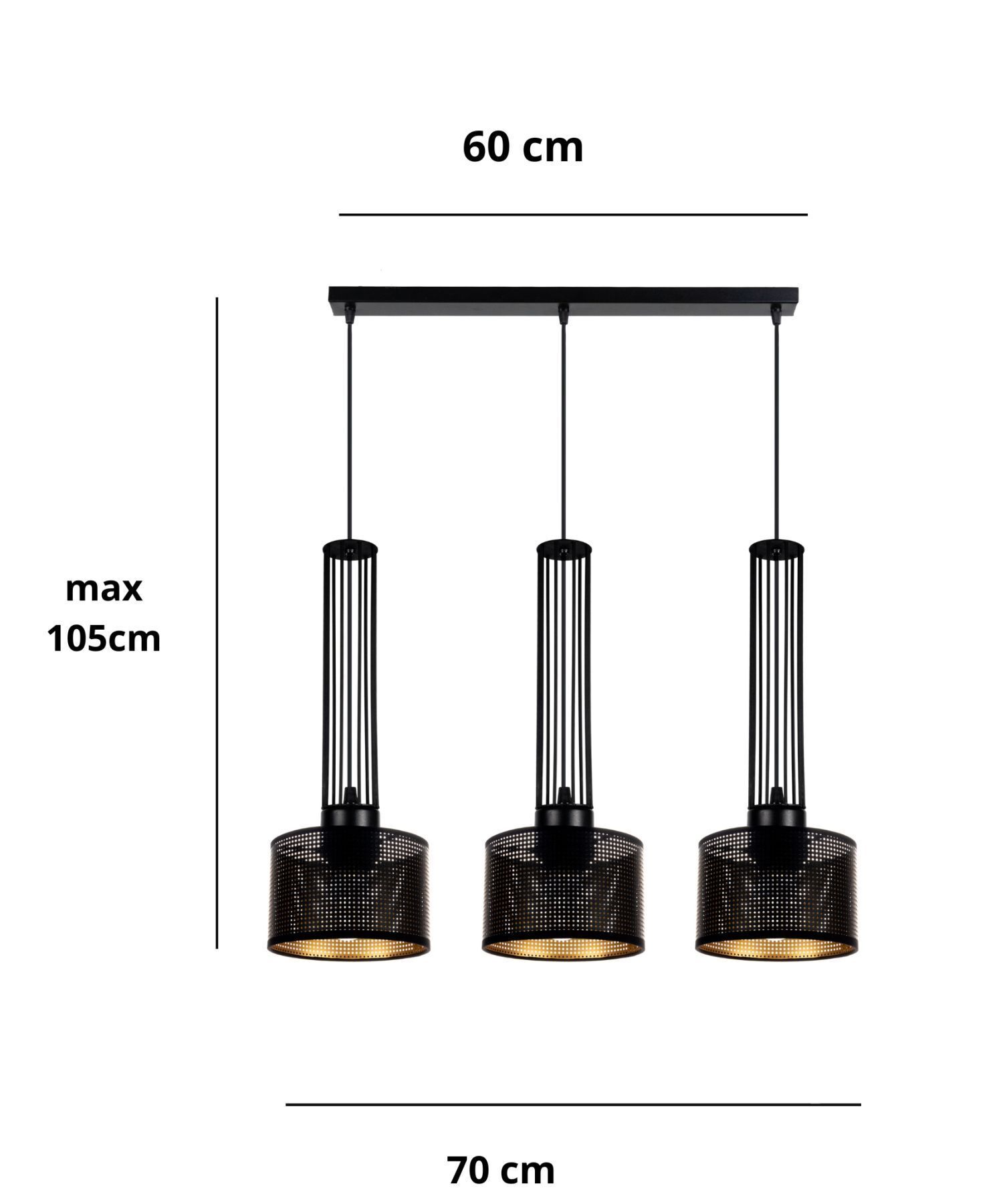 Lange Pendelleuchte Metall 70 cm 3-flmg Schwarz Gold