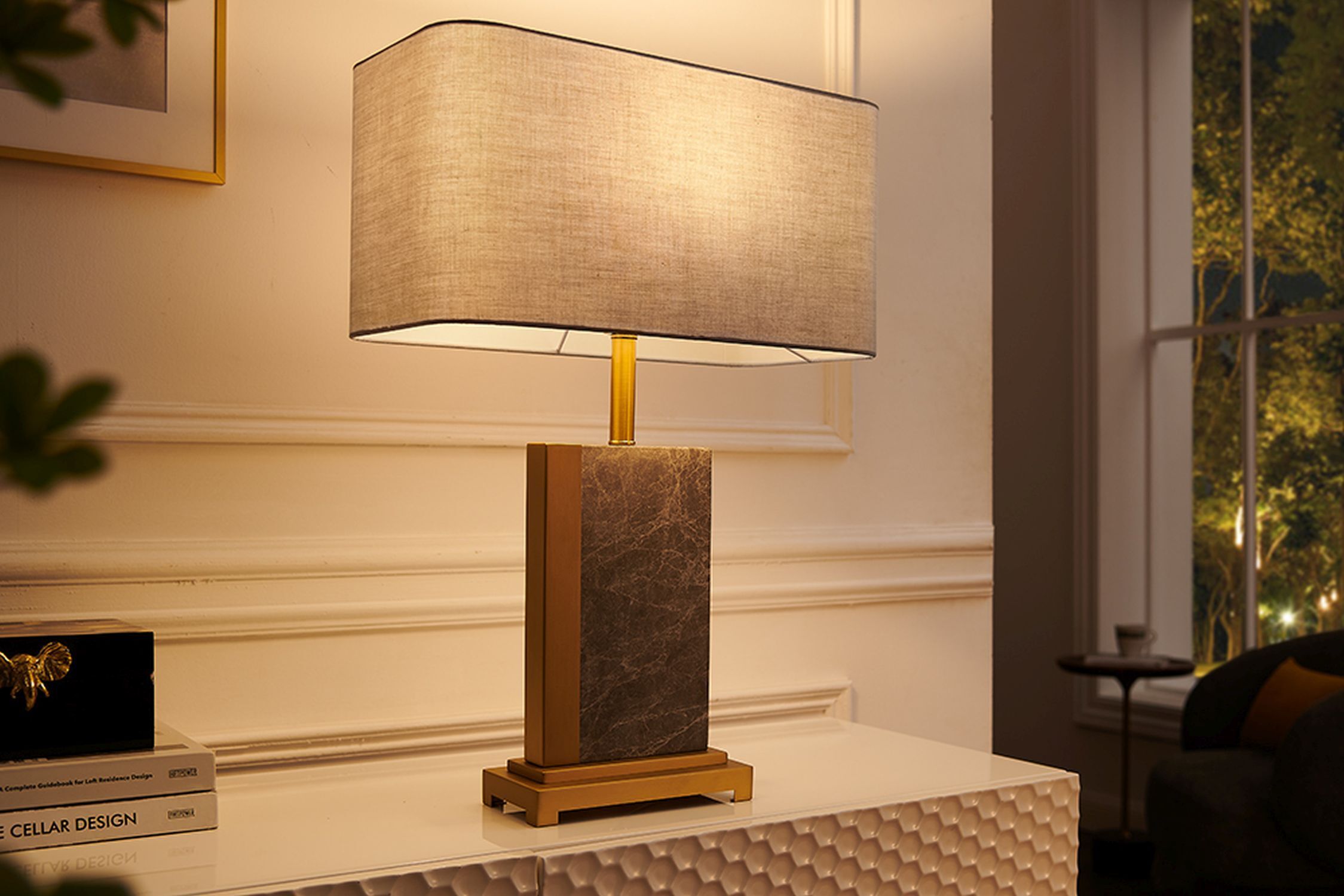 Nachttischleuchte Stoff Marmor Stahl 65 cm in Gold Grau