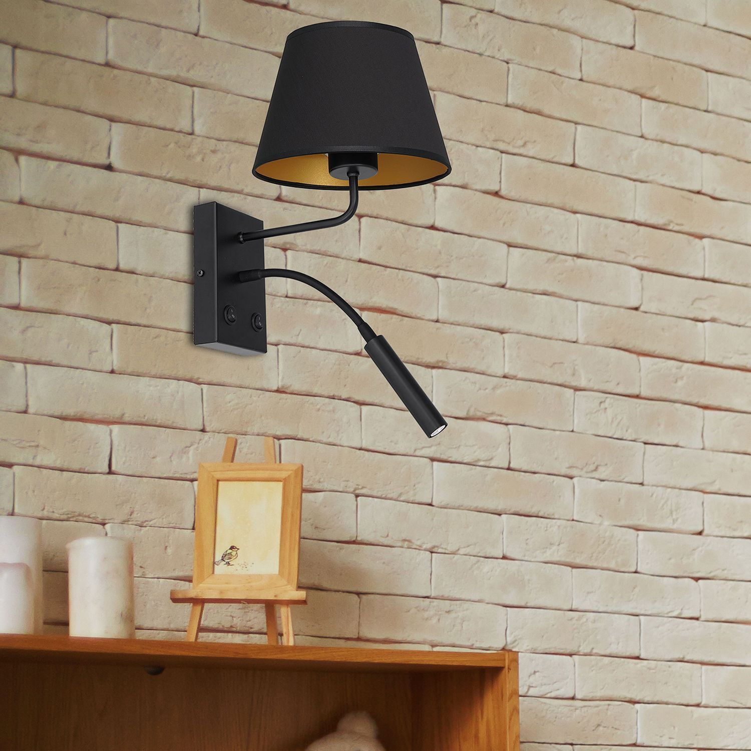 Wandleuchte Schwarz Gold Stoff konisch Lesearm E27 G9 Lampe, Drinnen, Innenarchitektur