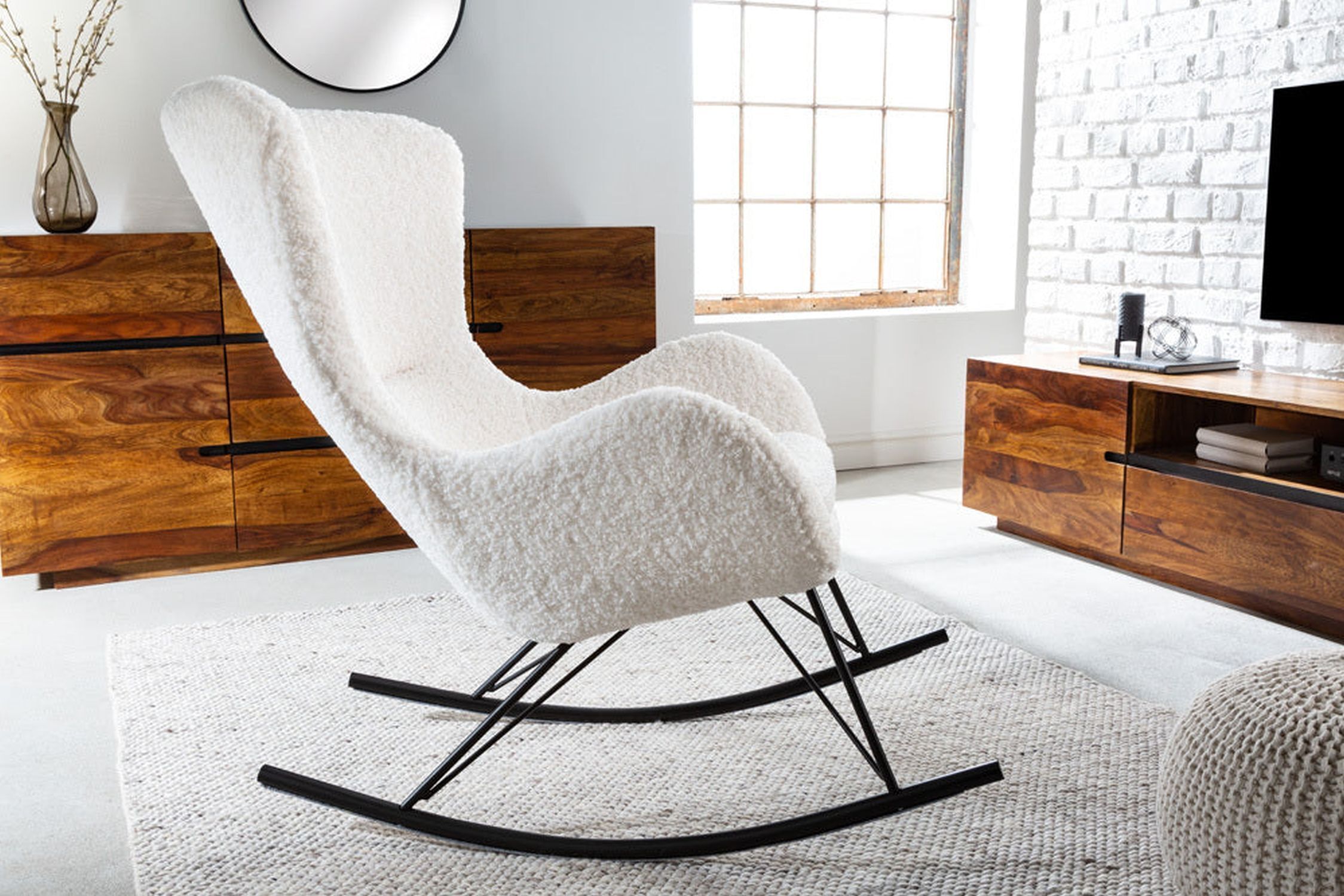 Schaukelstuhl Weiß Schwarz Bouclé Metall zum Lesen Stillen Moebel, Schaukelstuhl, Stuhl