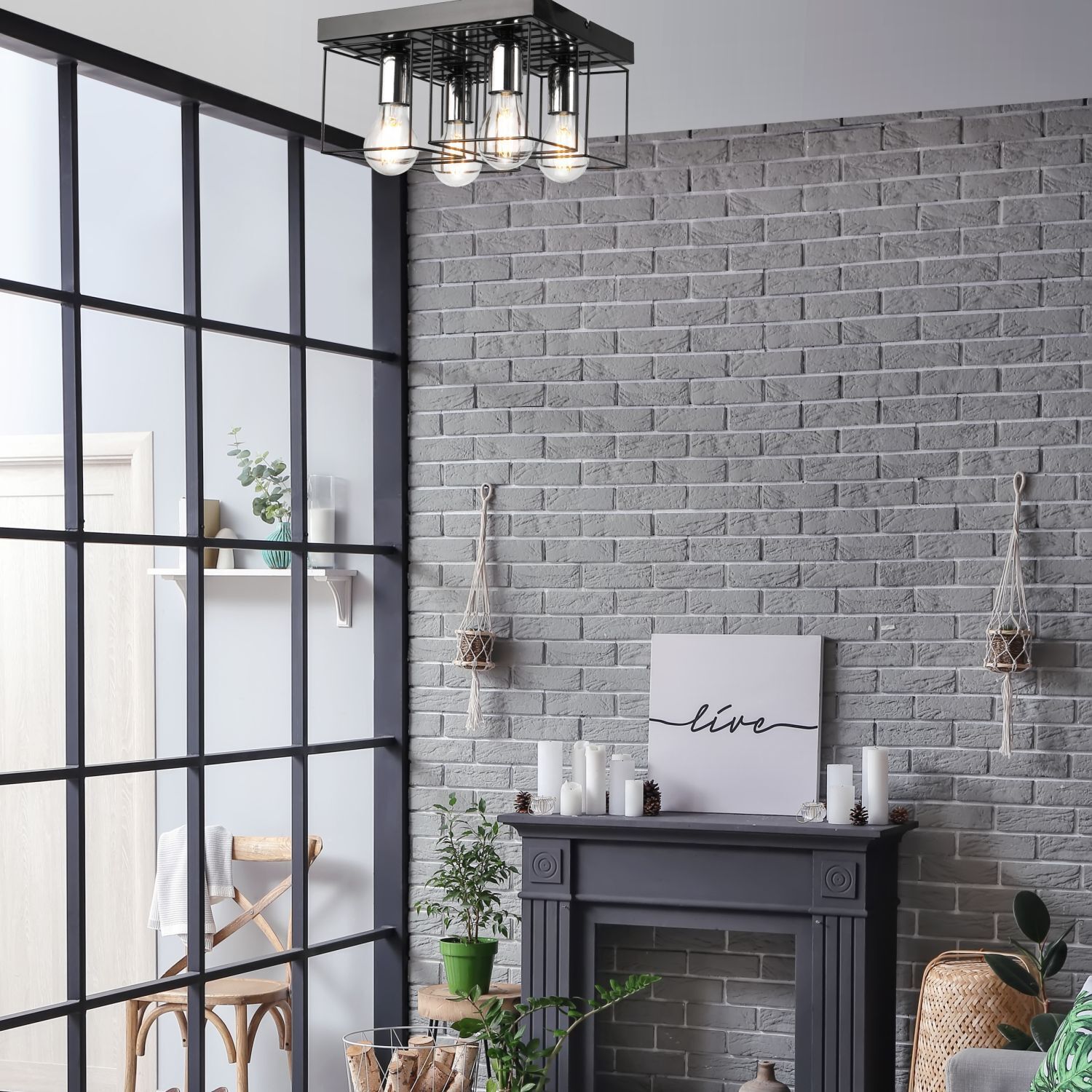 Deckenleuchte Metall Schwarz Chrom B: 30 cm eckig 4-flammig