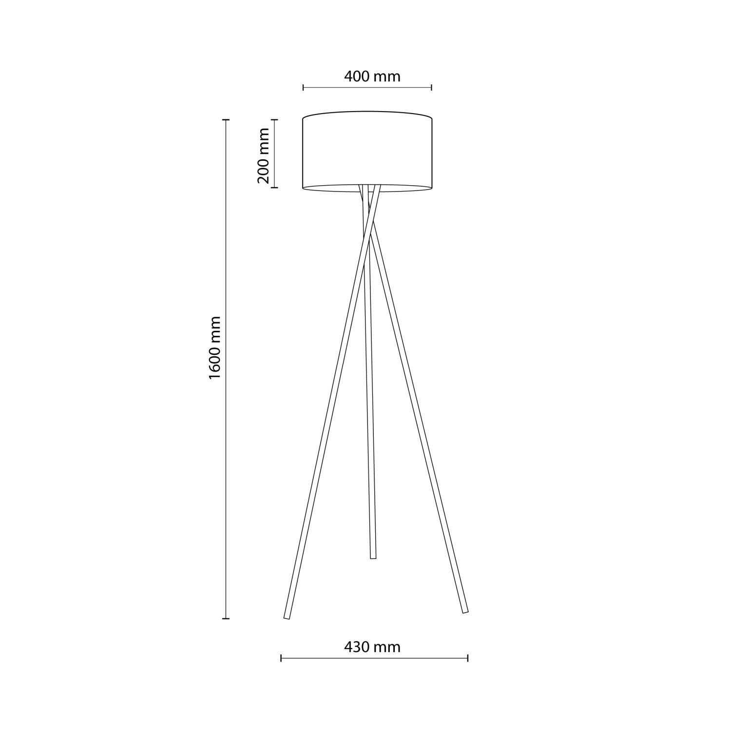 Stehlampe, Dreibein-Lampe, Metallrahmen, Stoffschirm, Maßskizze
