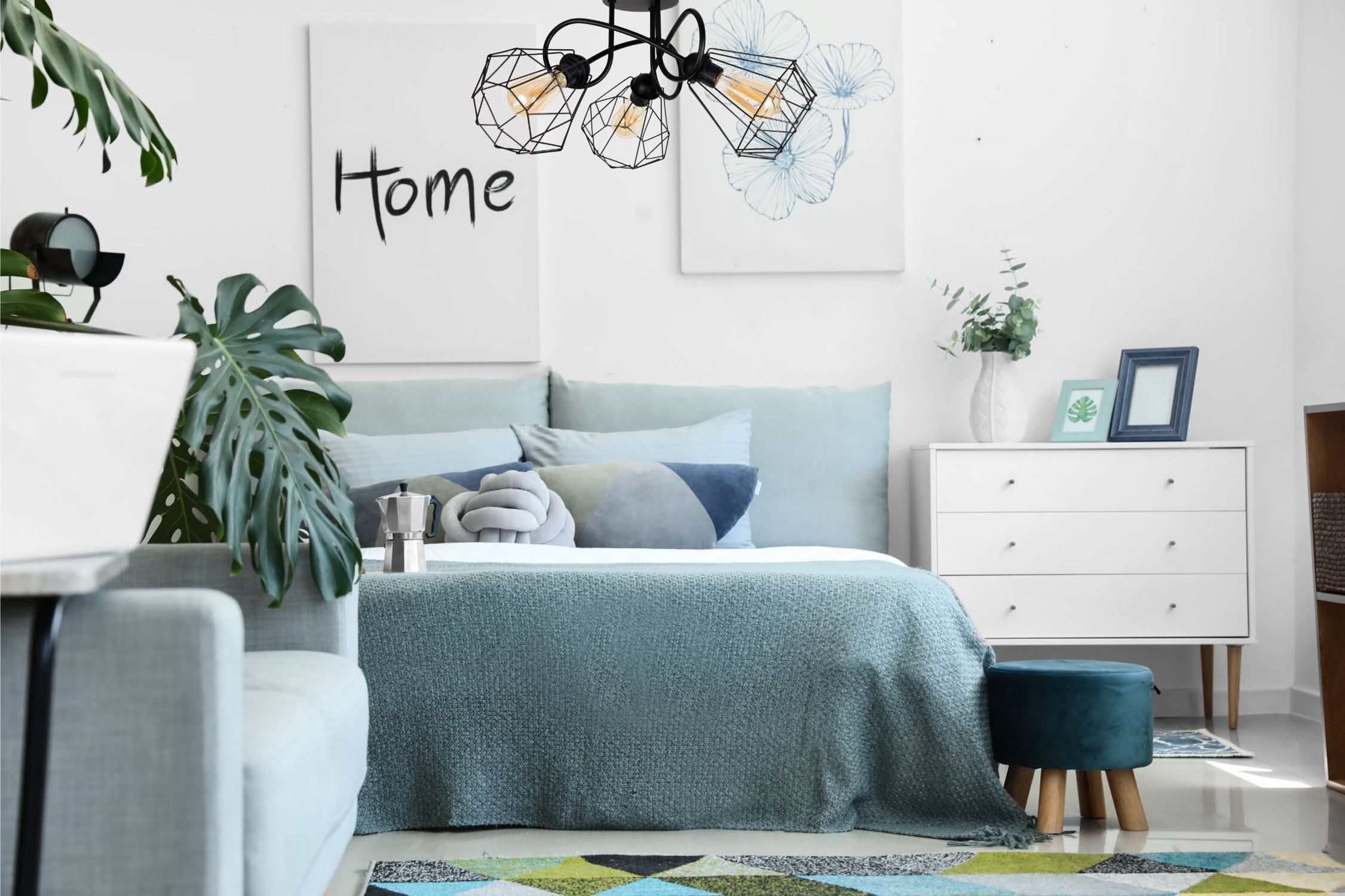 bettzimmer, wohnzimmerdekoration, bettwäsche, kissen, kleiderschrank