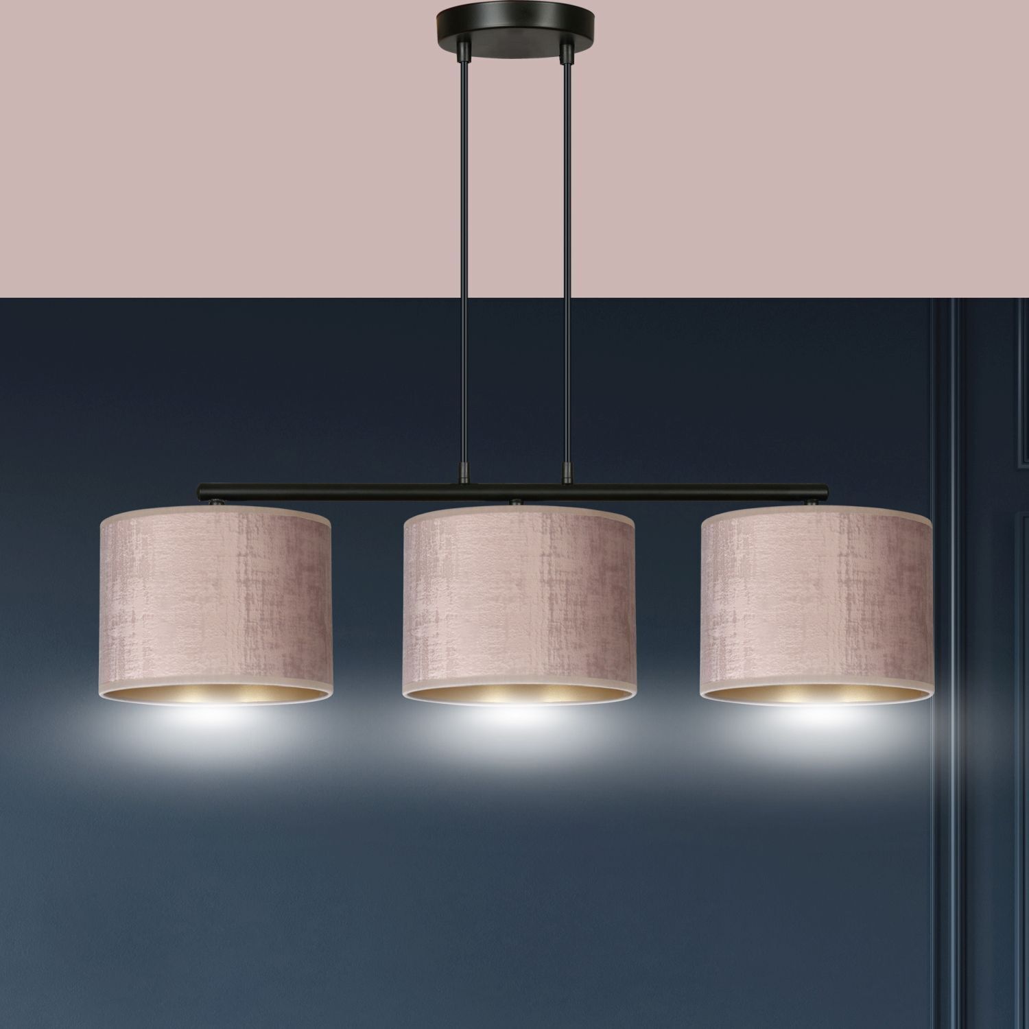 Hängelampe Metall Stoff L: 72 cm Schwarz Rosa Gold 3-flammig