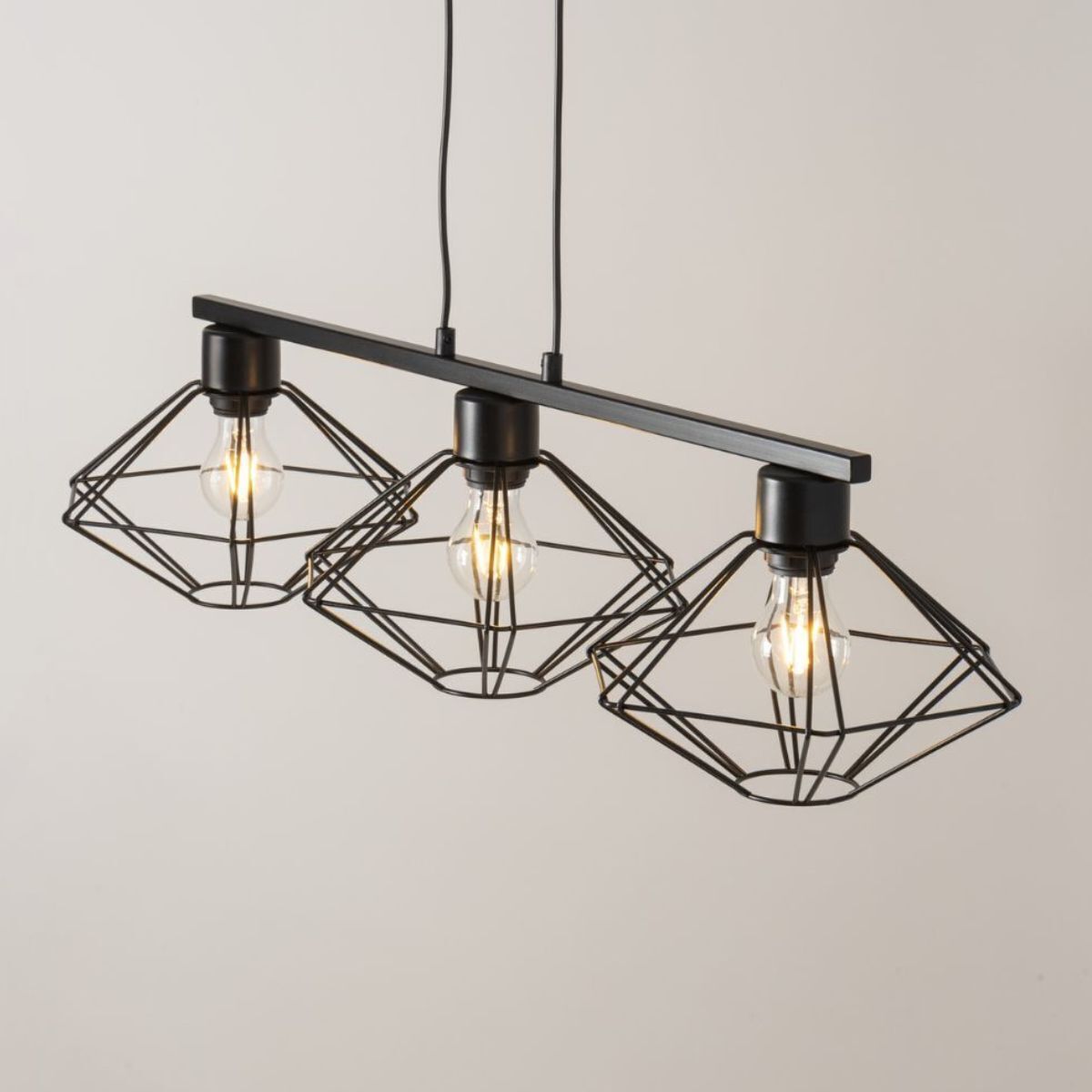 Schwarze Pendelleuchte 3-flammig Draht L:87 cm Metall
