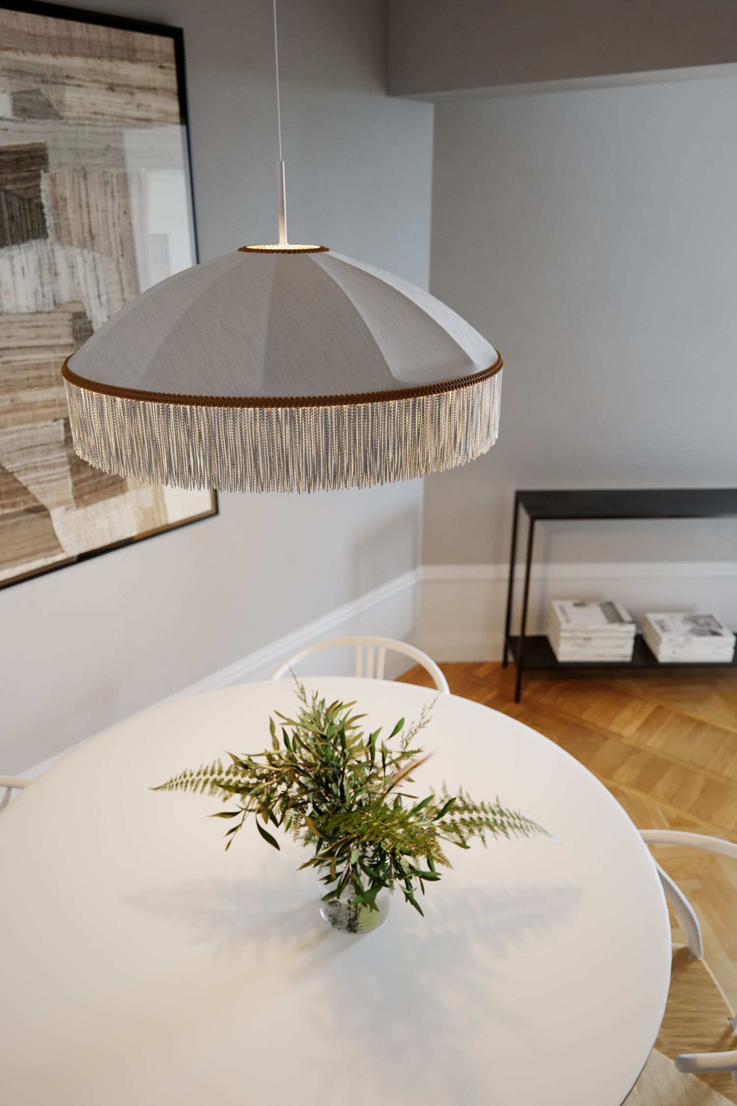 pendant lamp, Fringe-Lampe, Deckenleuchte, weiße Schirme, goldener Fransensaum