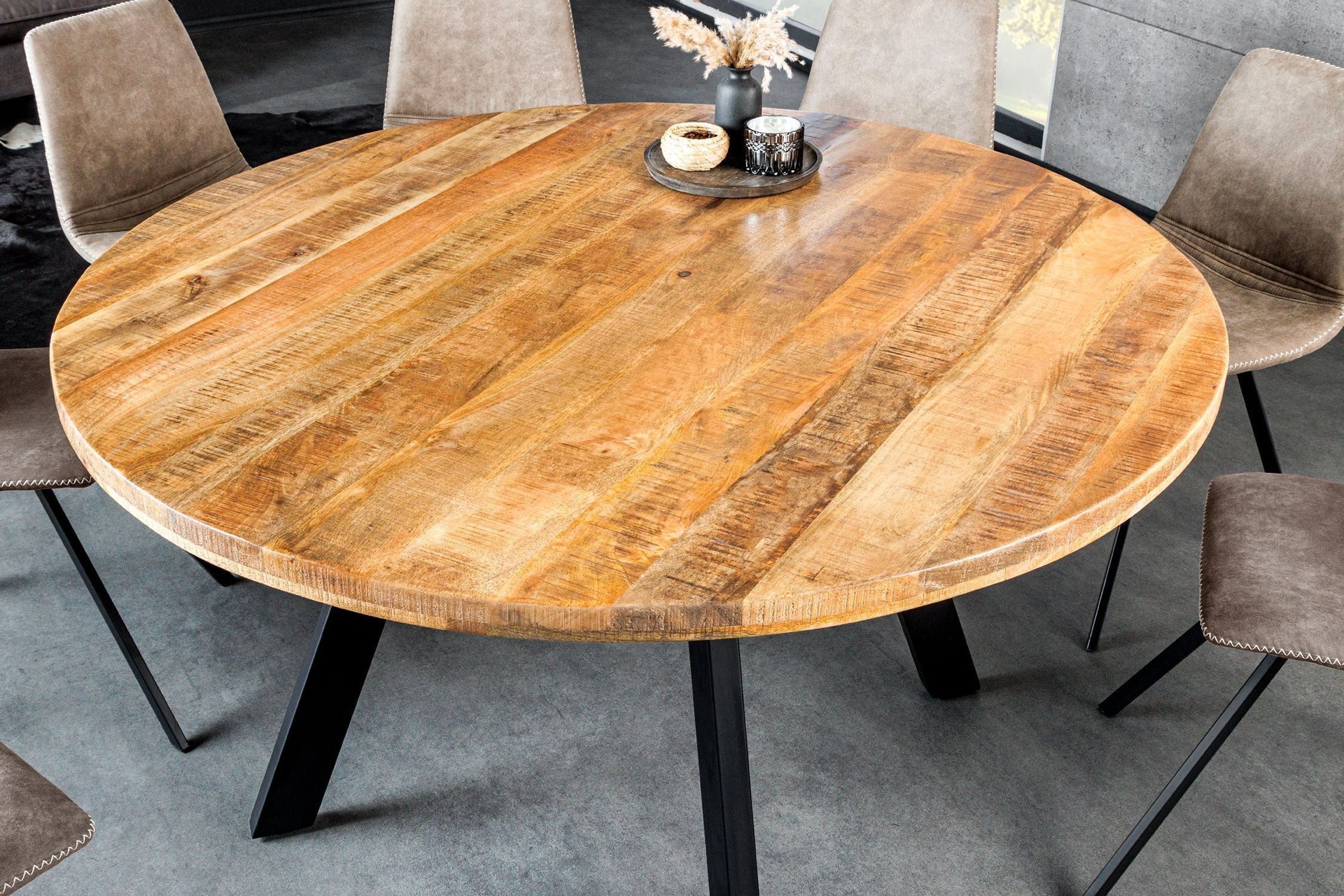 Esstisch rund Ø 145 cm Mango Holz Metall Industrial Design Moebel, Tabelle, Tischplatte, Schreibtisch, Stuhl