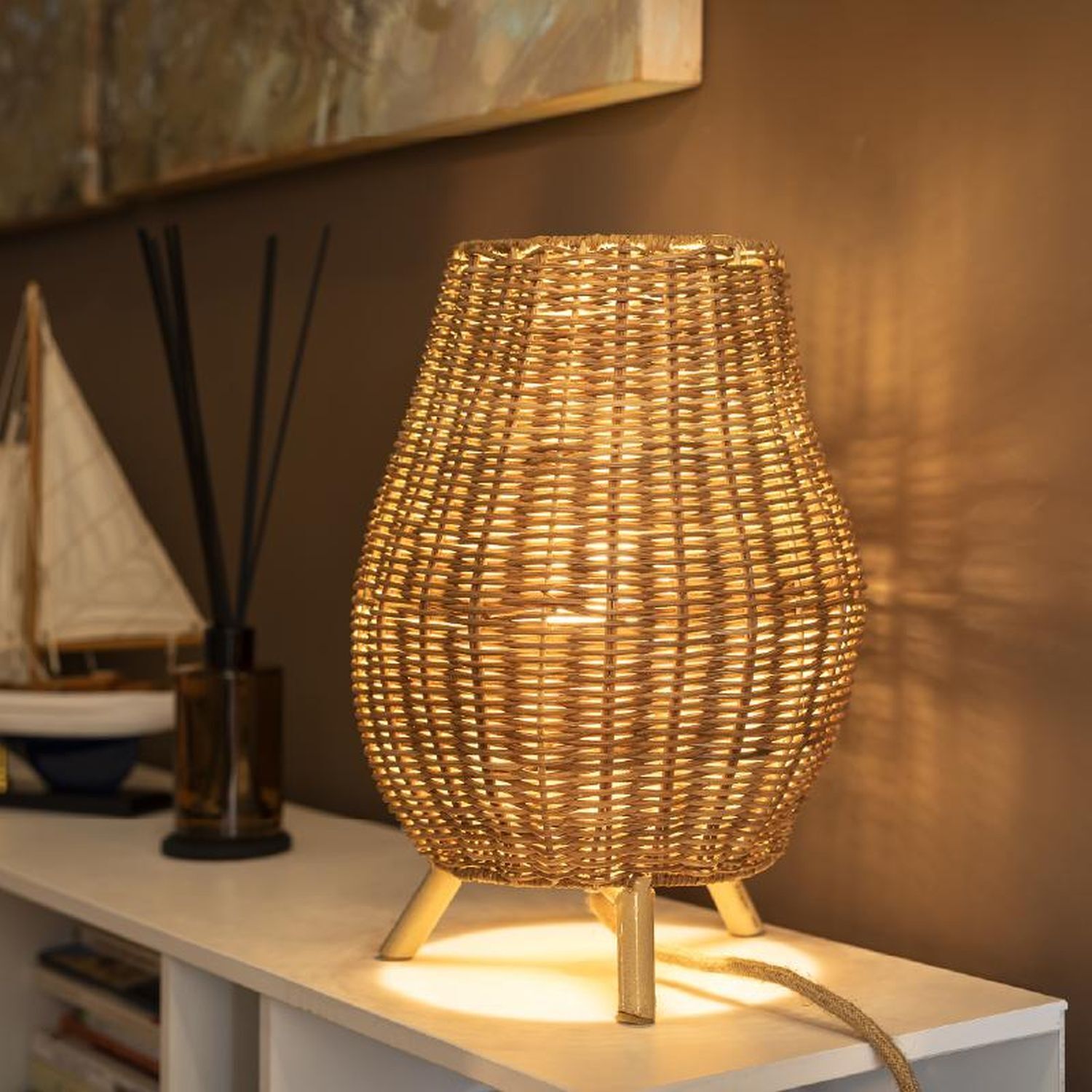 Tischleuchte Rattan H: 32,5 cm Dreibein Natur E27 FULDE