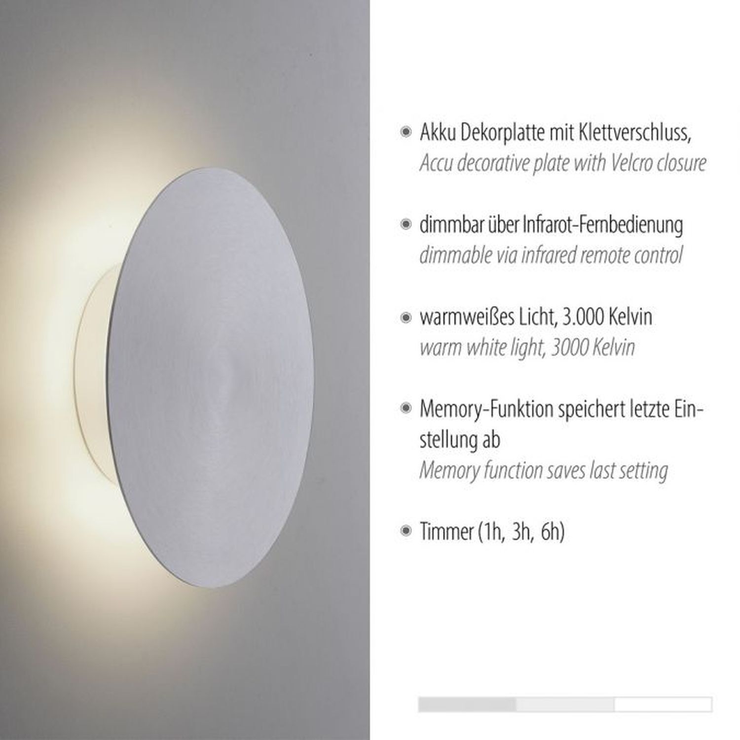 LED Akku Wandlampe in Silber dimmbar mit Fernbedienung Deckenleuchte