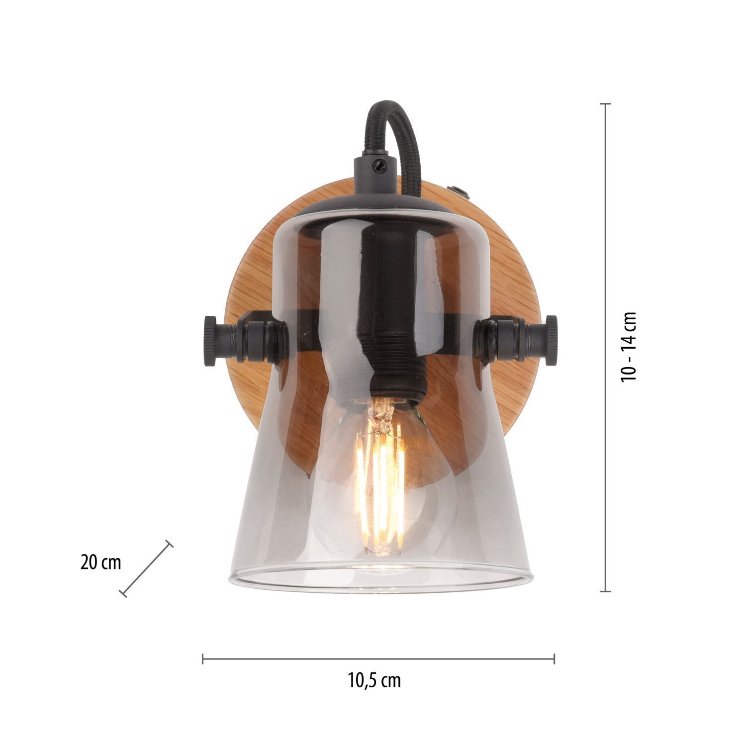 Flexibler Wandstrahler Glas Eiche E14 T:10 cm Rauchgrau