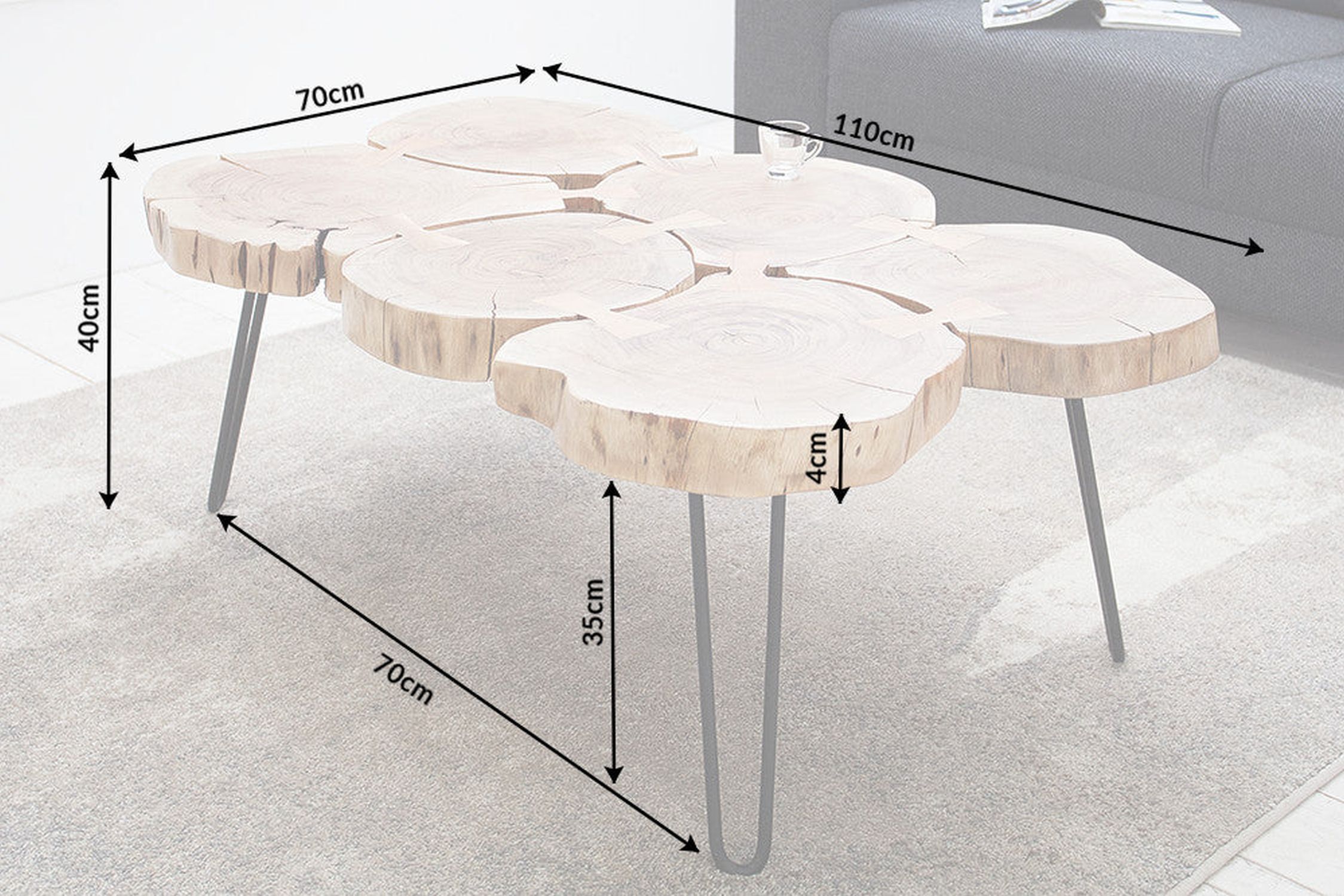 Couchtisch Akazienholz Metall 110 x 70 cm Baumscheiben Kaffeetisch, Mobiliar, Tabelle, Tischplatte, Esstisch