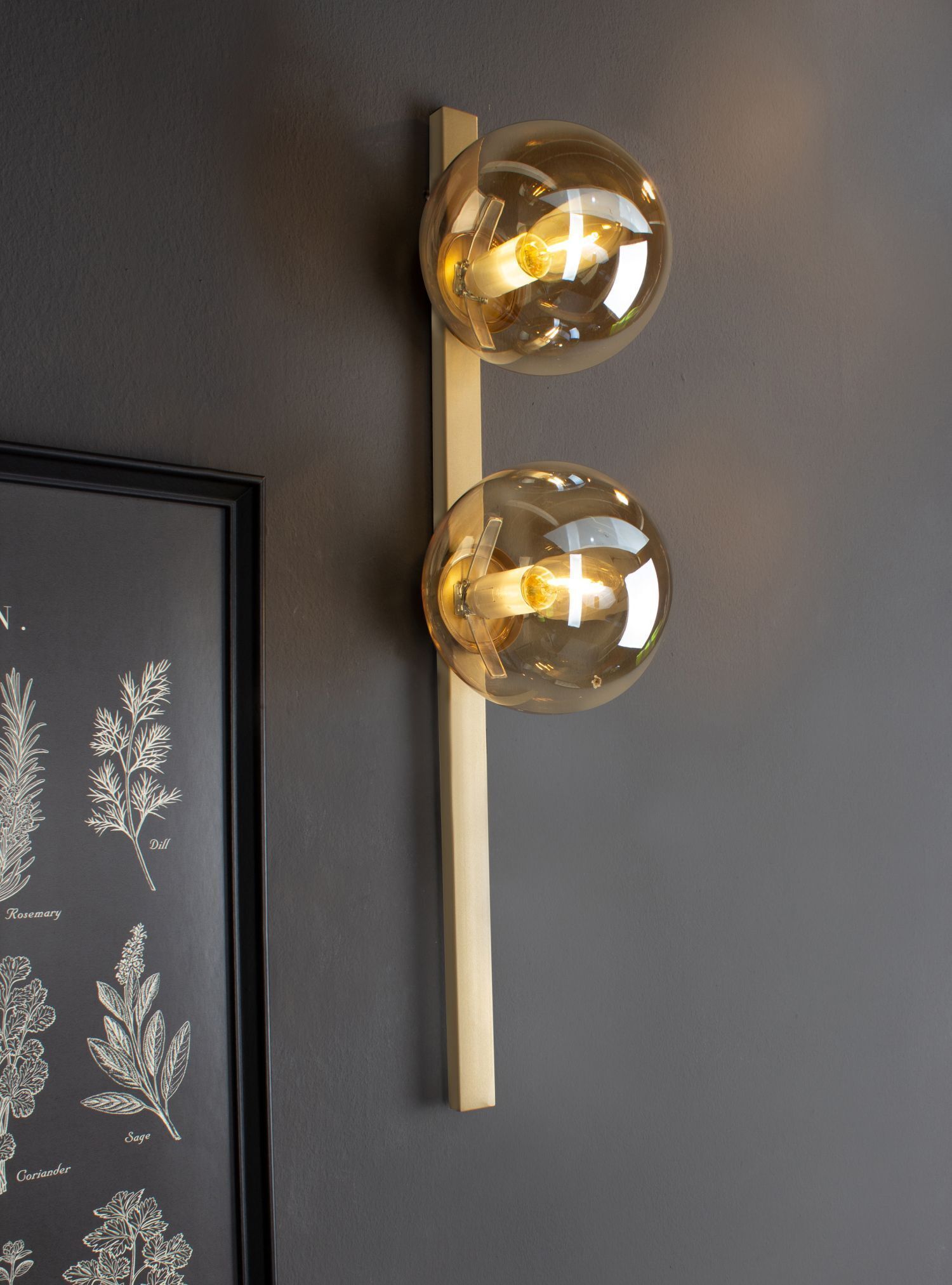 Wandlampe Gold Bernstein Glaskugel E14 H:60 cm 2-flmg