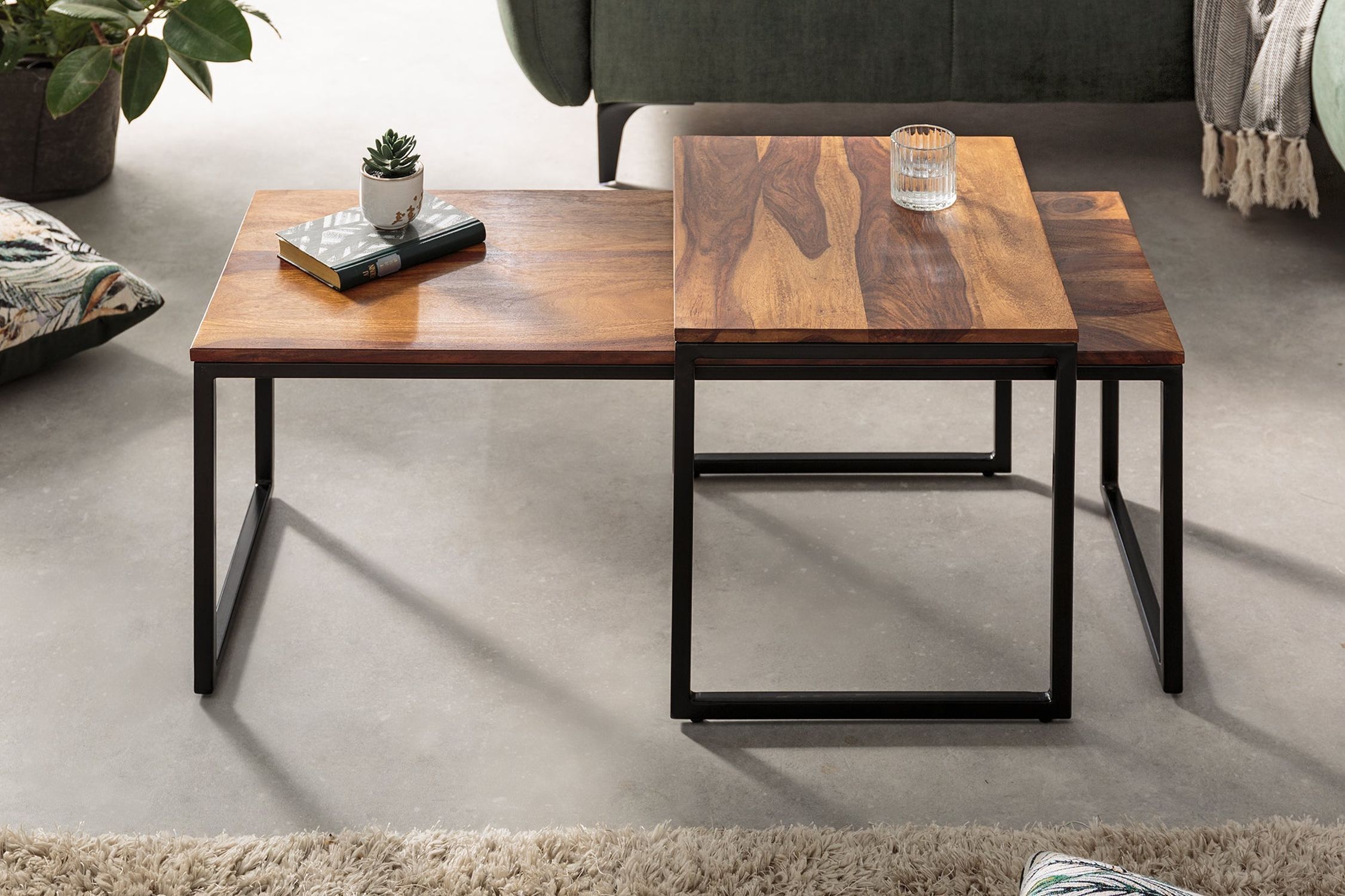 Couchtisch Sheesham Holz Metall 2er Set
