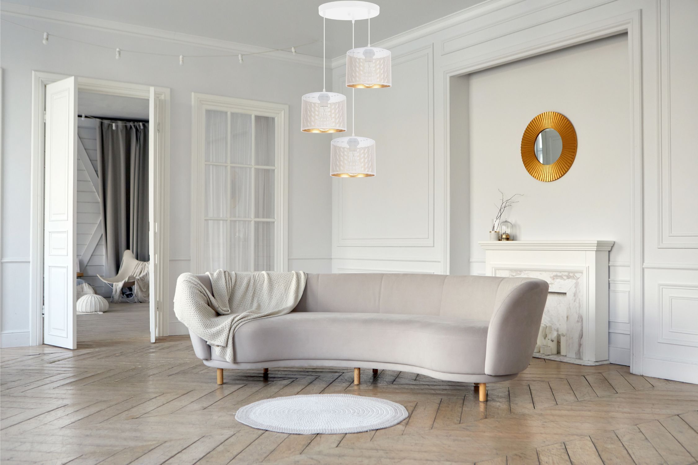 Hängelampe Metall Weiß Gold E27 3-flammig Ø45 cm Loft Dekoration für Zuhause, Couch, Mobiliar, Innenarchitektur, Teppich