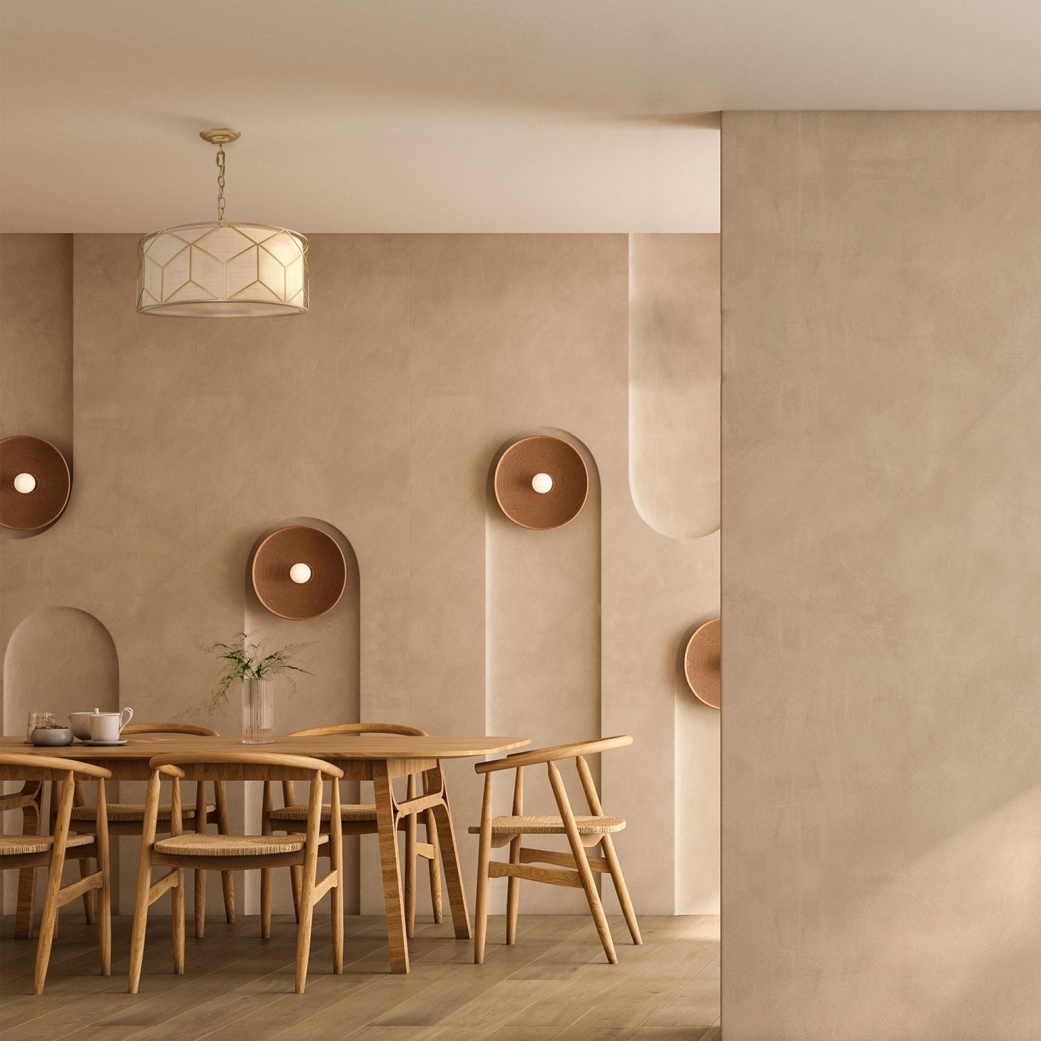 Hängelampe Metall Stoff Ø 45 cm rund H: max. 76,8 cm Speisesaal, Esstisch, Tisch, Innenarchitektur, Fußboden