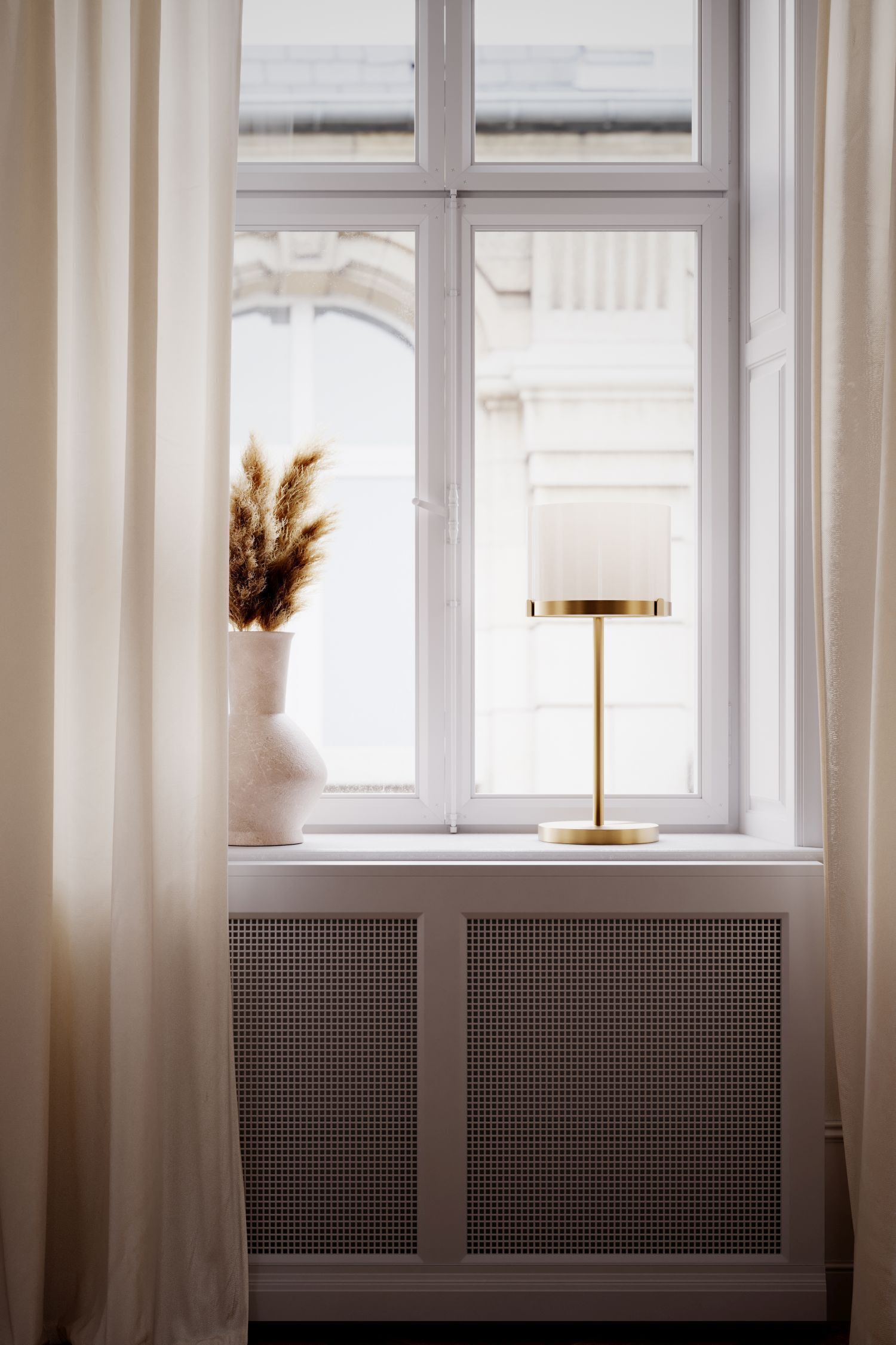 Tischlampe Glas Metall E27 55 cm in Messing Weiß rund Fenster, Fensterbank, Lampe